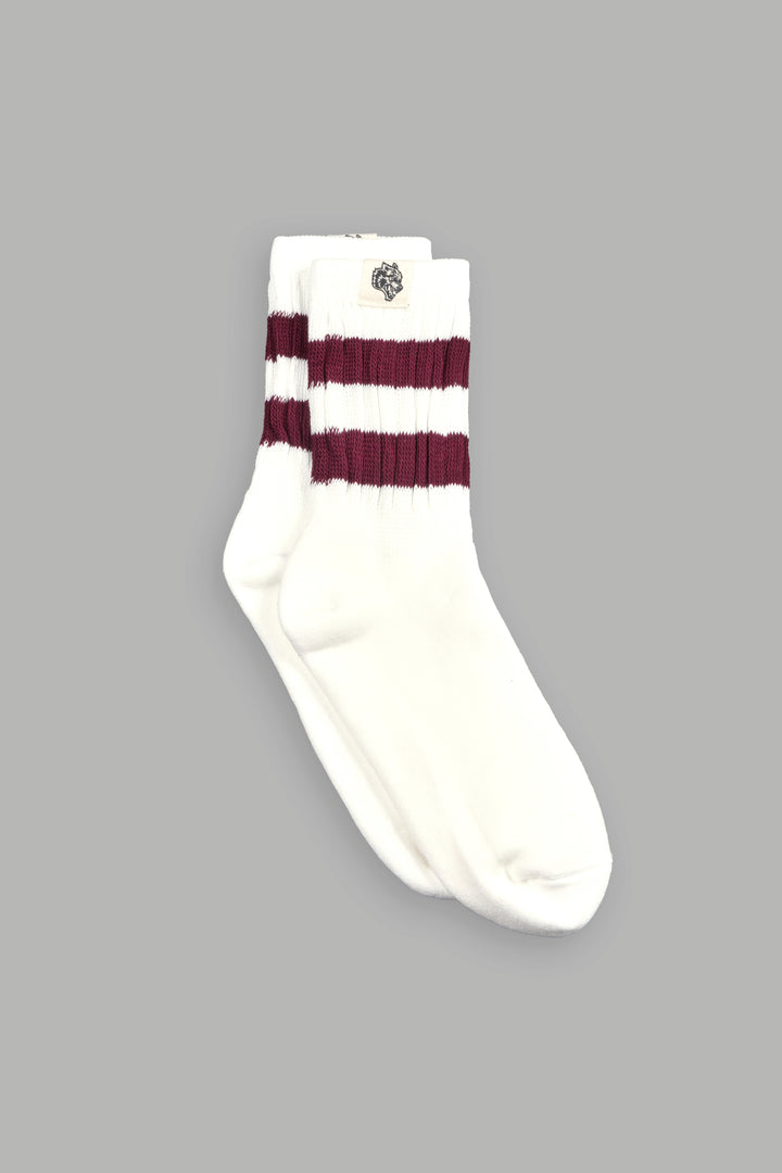 Wolf Patch V2 2 Stripe Comfy Socks in Cream/Oxblood