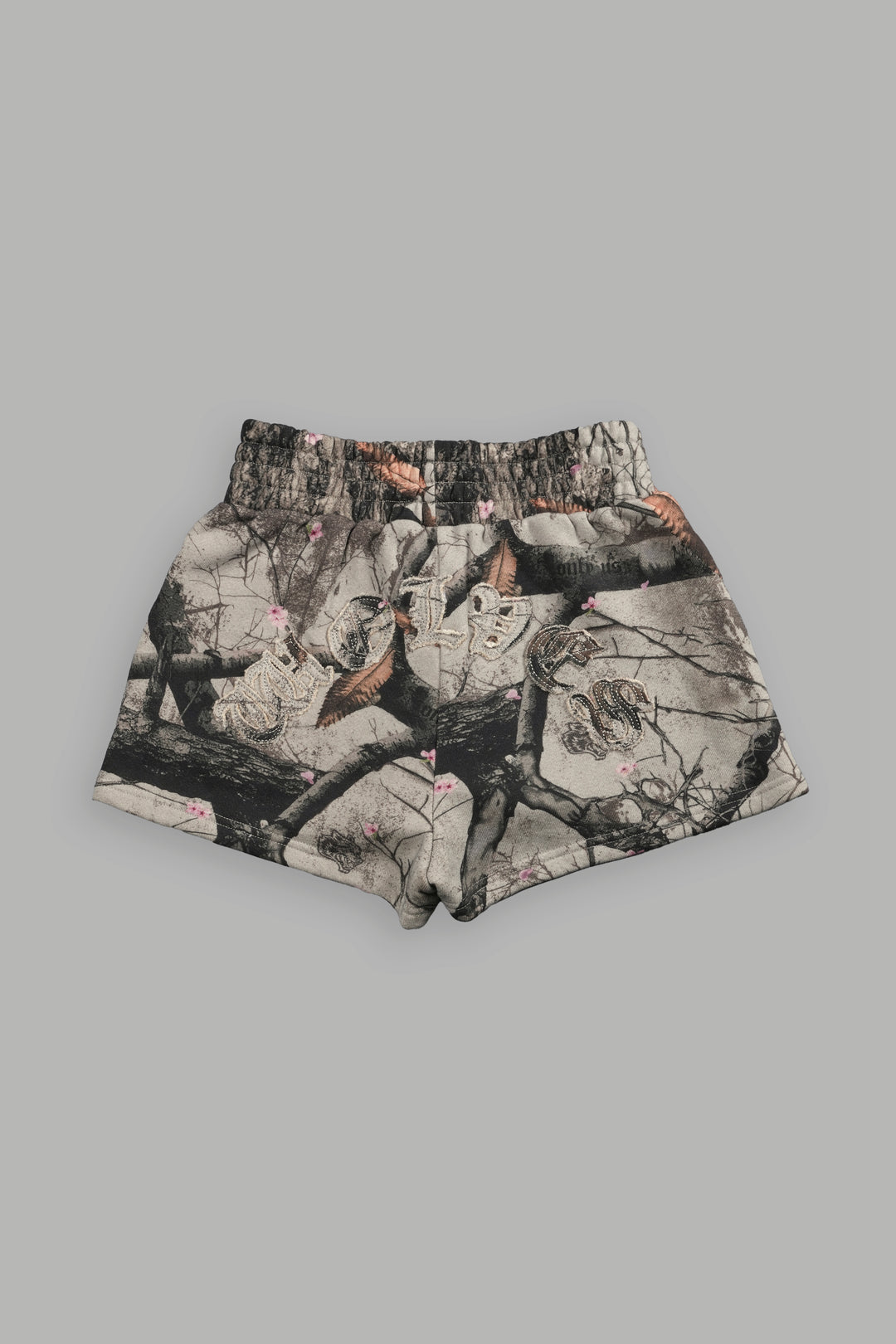 Chopper Appliqué Everson Sweat Shorts in Cherry Blossom Woodland Camo