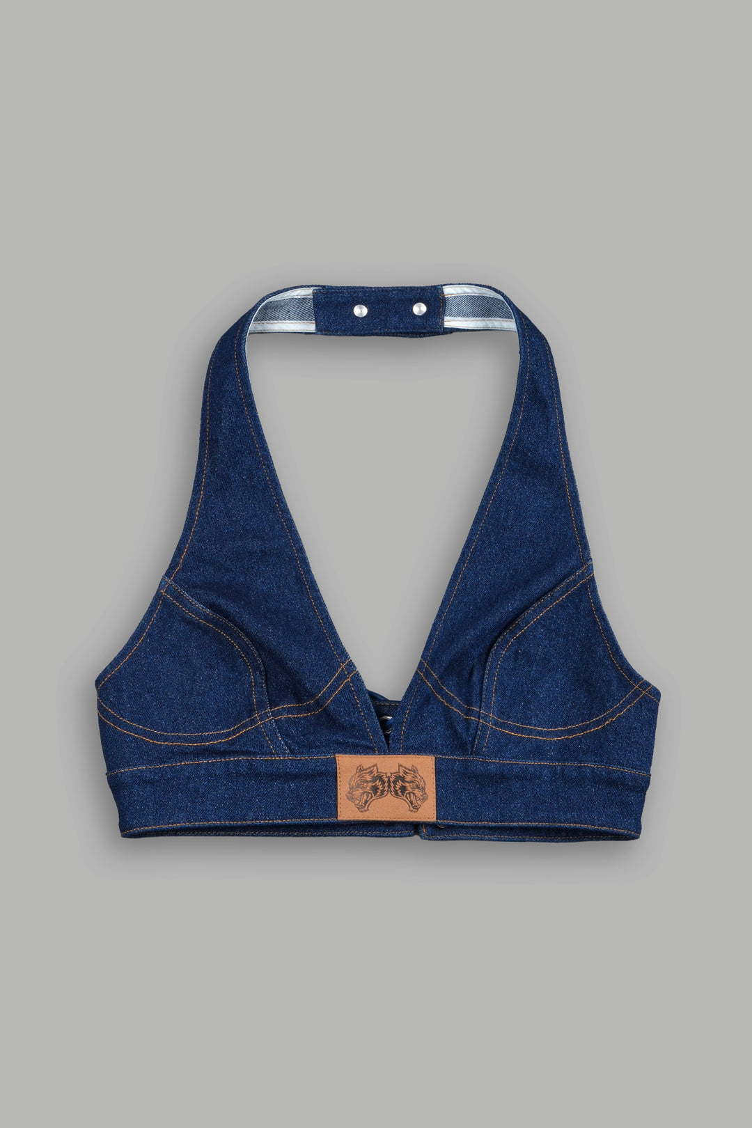She Wolf Patch Denim Halter Crop in Medium Wash