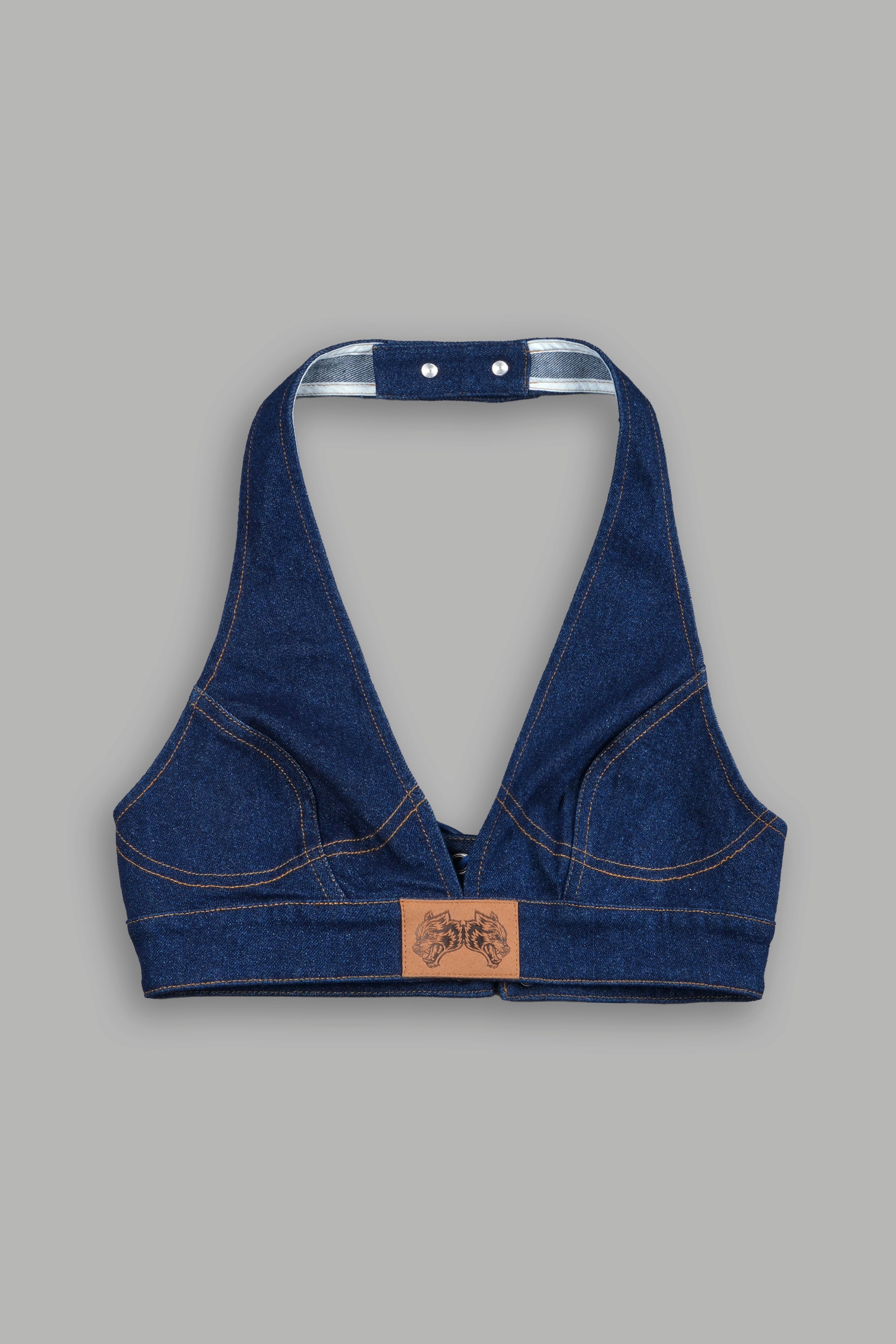 She Wolf Patch Denim Halter Crop in Medium Wash