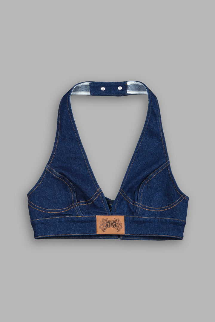 She Wolf Patch Denim Halter Crop in Medium Wash