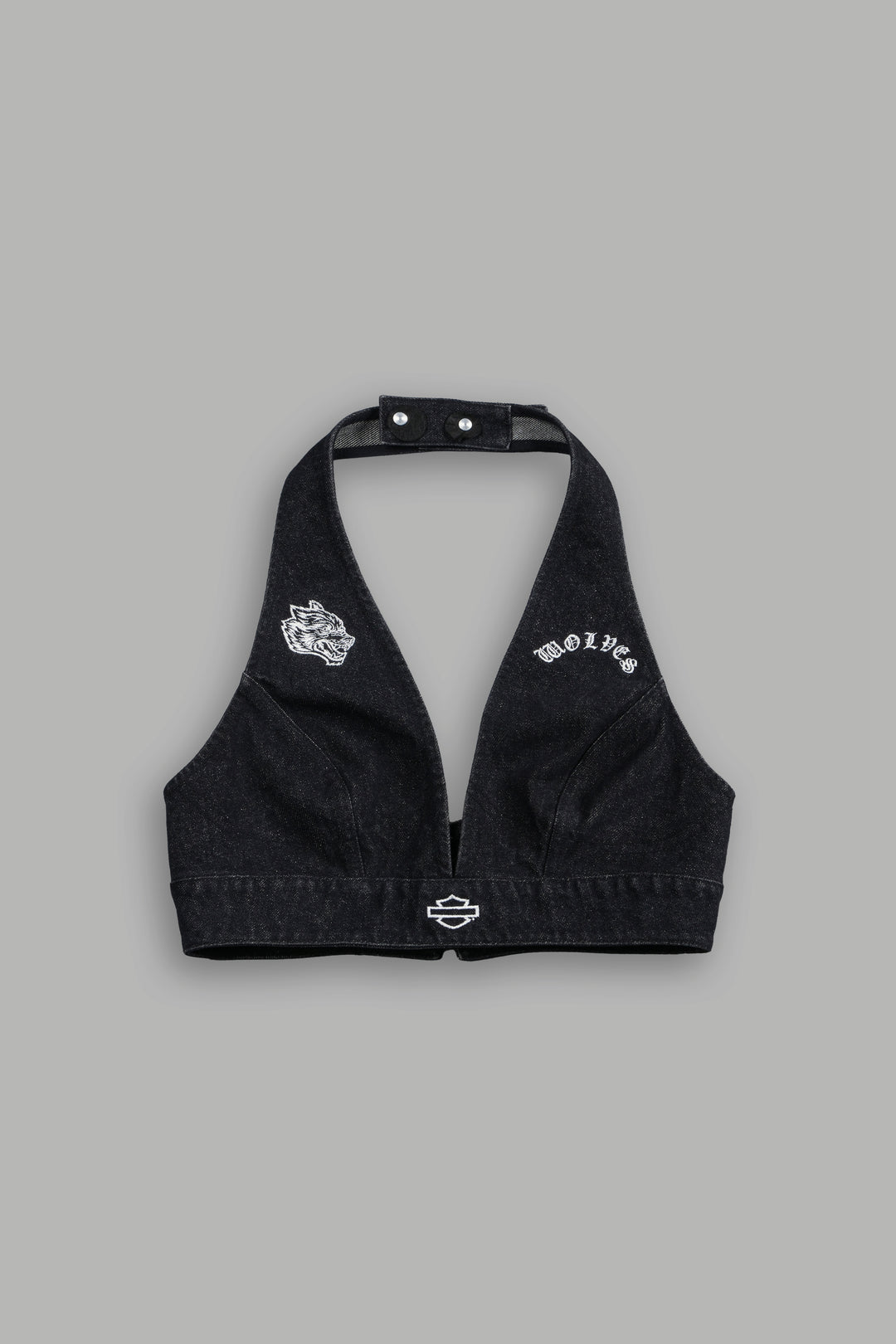 H-D Wolves Denim Halter Crop in Black