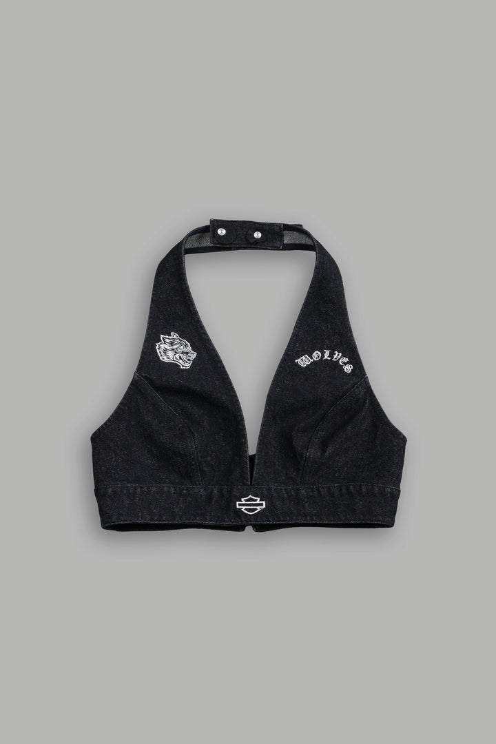 H-D Wolves Denim Halter Crop in Black