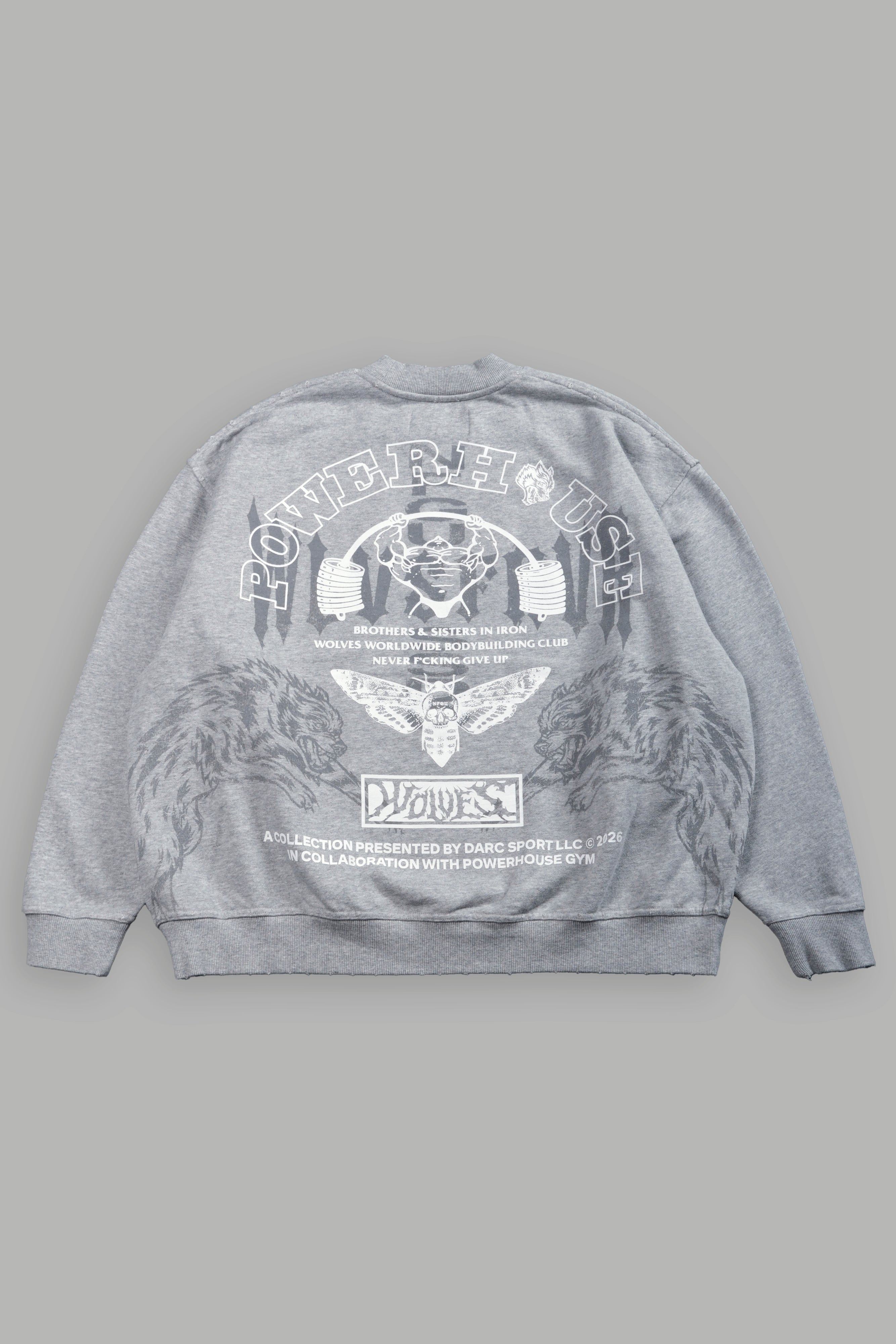Powerhouse Moth Destroyed Oversized London Crewneck in Light Athletic Gray