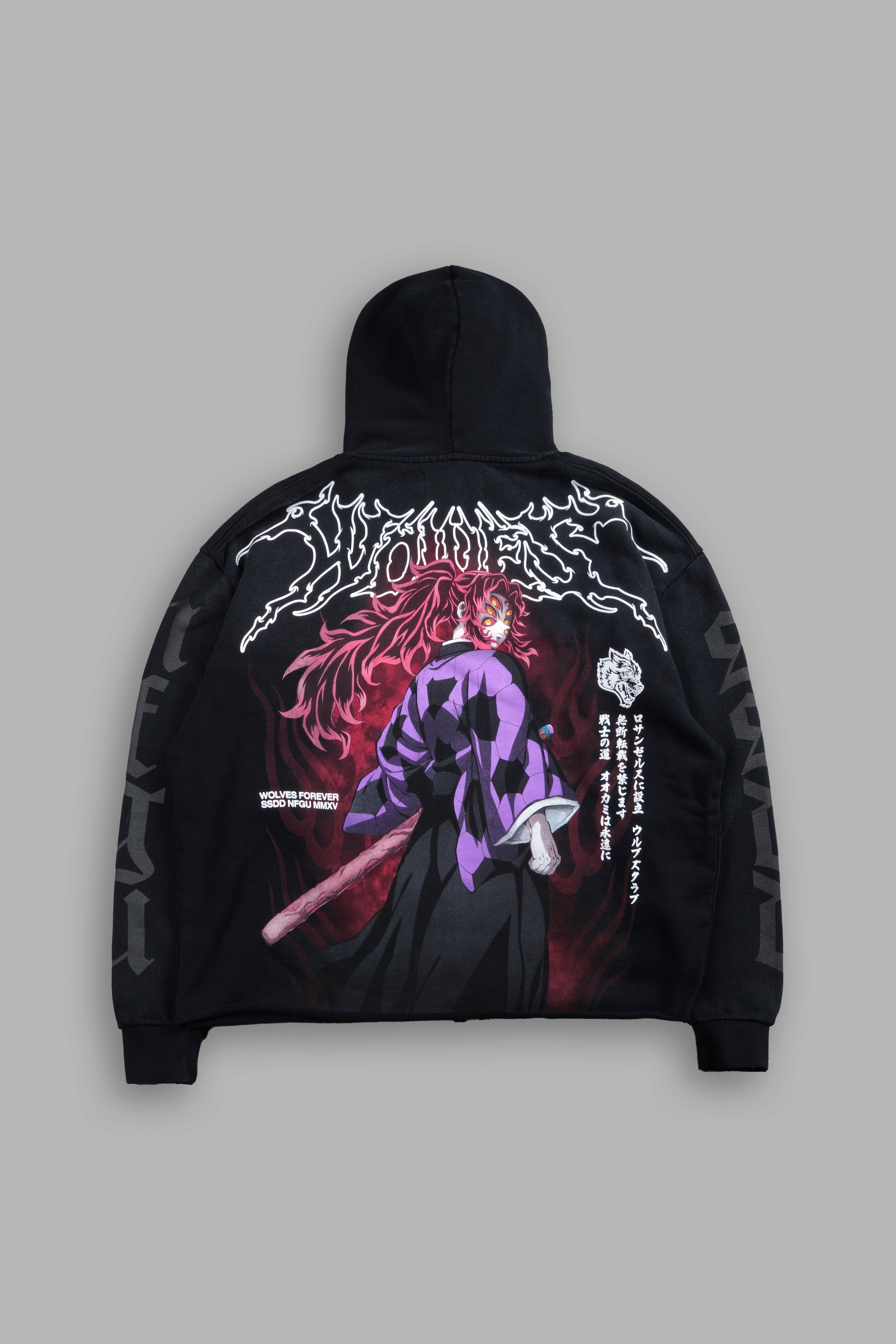 Blood Moon Distressed Grunge Mid Length Raw Hem Zip Hoodie in Black Sun Fade