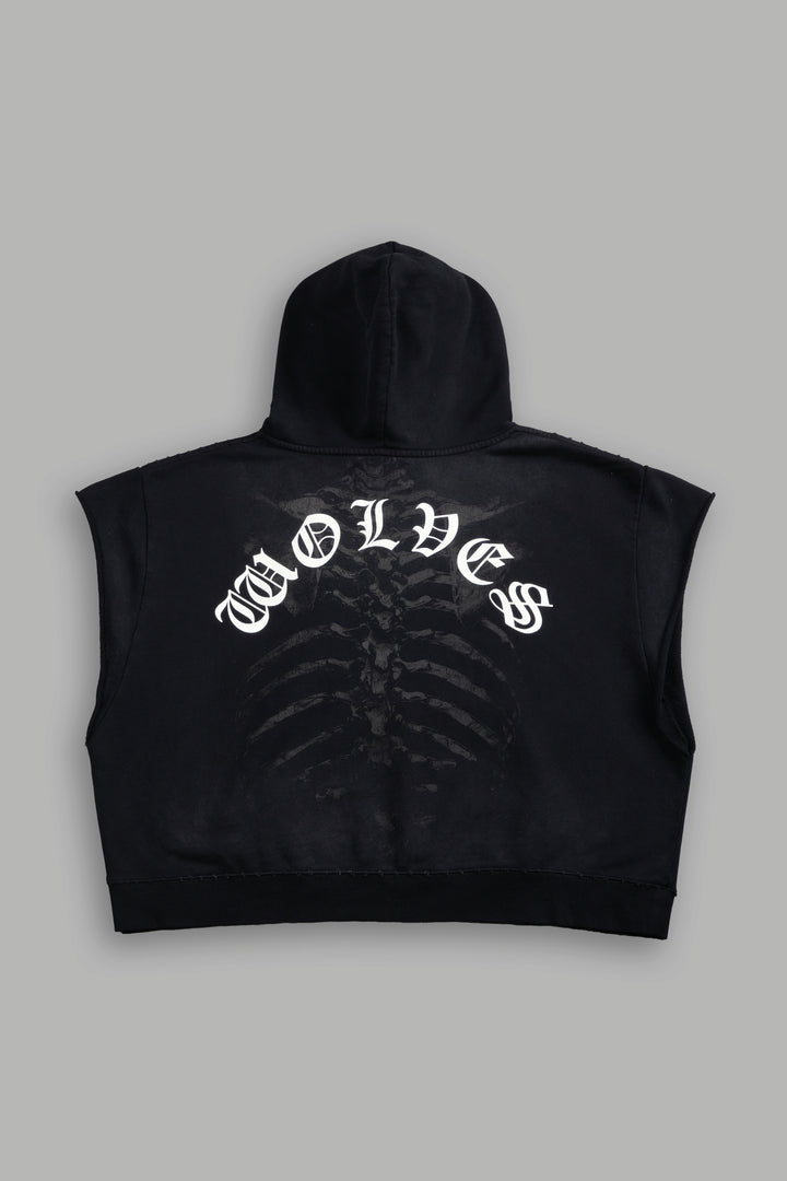 Bones Destroyed Grunge Gage Cap Sleeve Hoodie in Black Drift Wash
