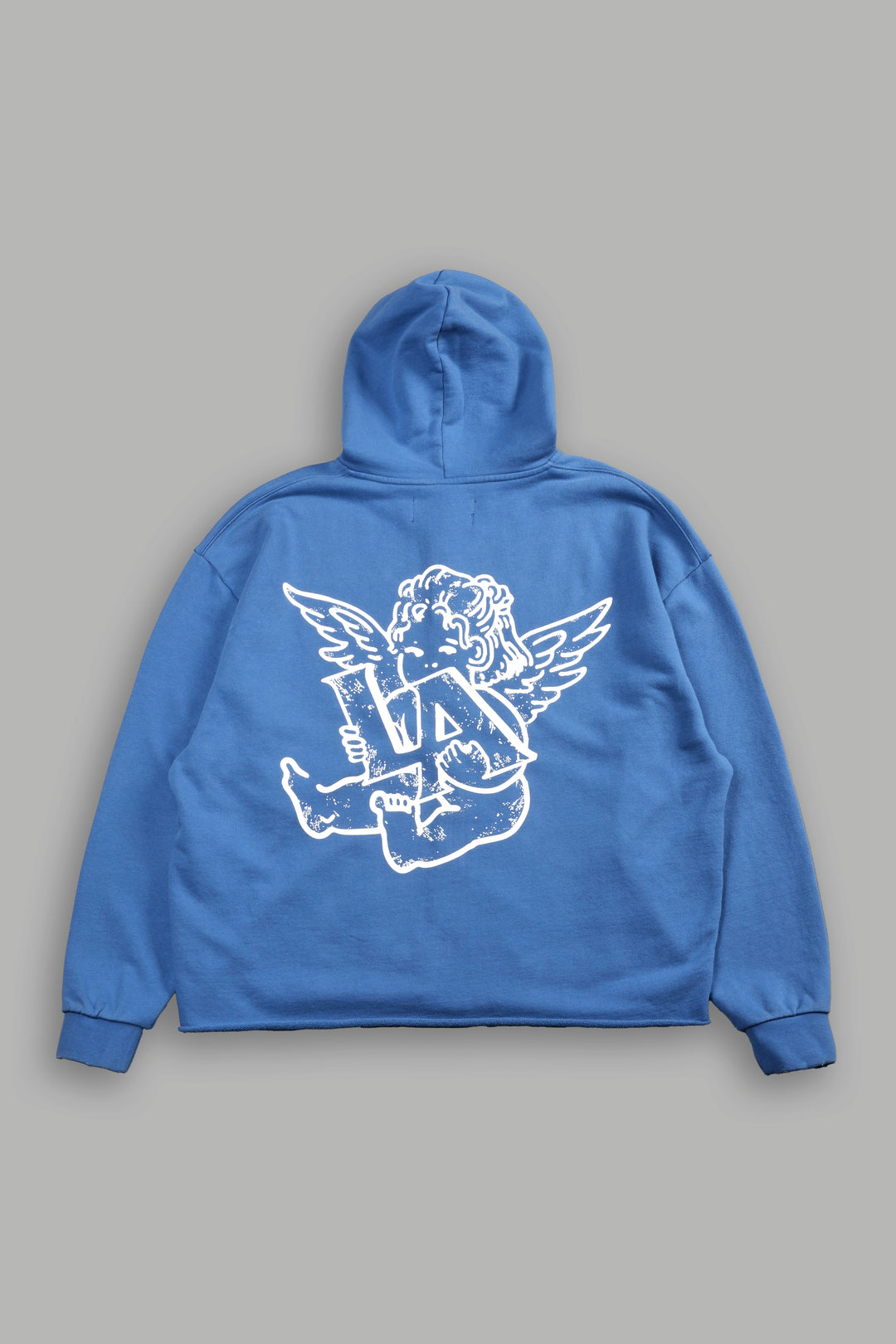 Los Cherub Distressed Grunge Mid Length Raw Hem Zip Hoodie in La Blue
