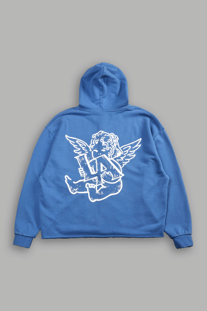 Los Cherub Distressed Grunge Mid Length Raw Hem Zip Hoodie in La Blue