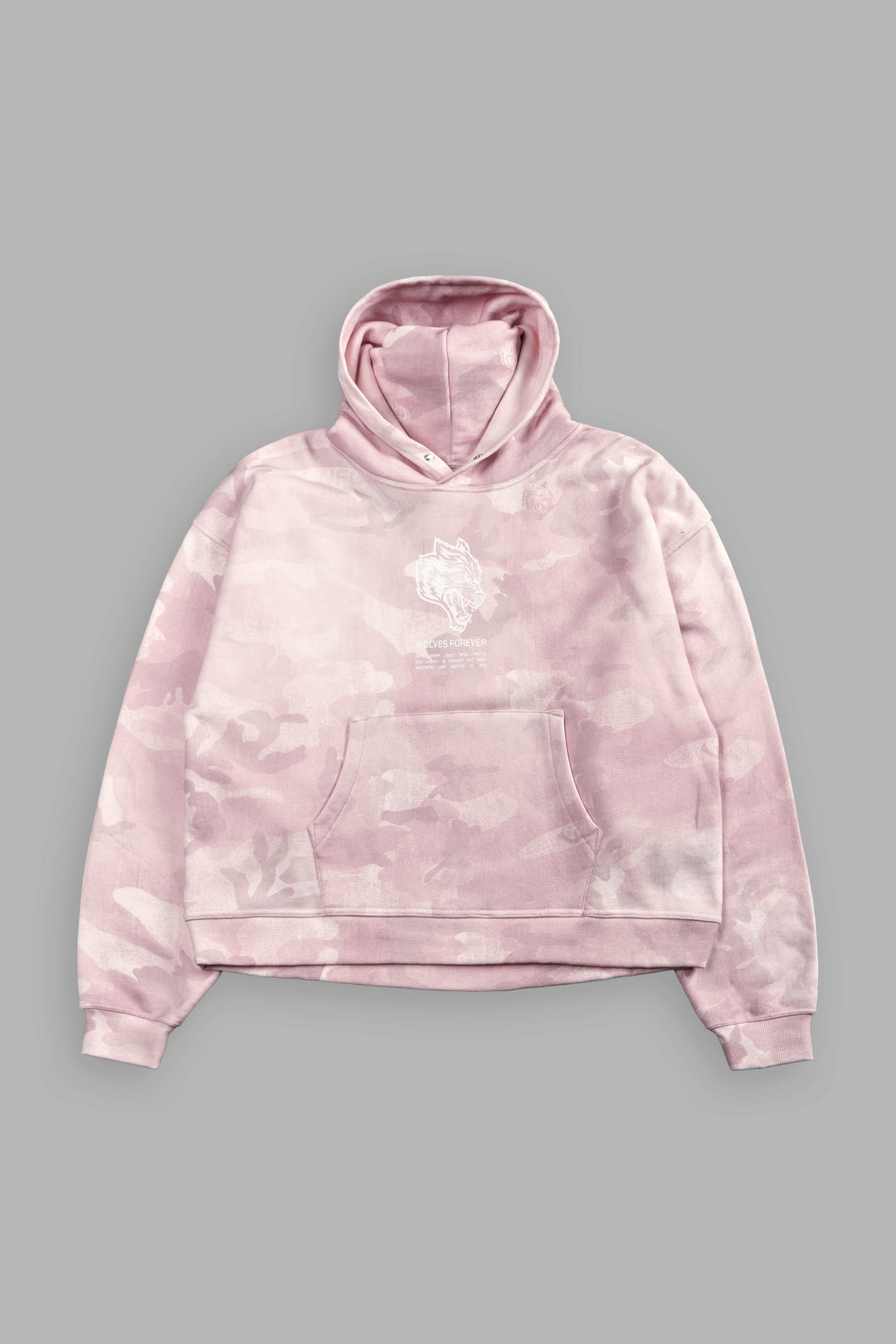 Wolves Have Your Back Unisex "Box Cut" Pierce Hoodie in Blush Vintage Woodland Camo