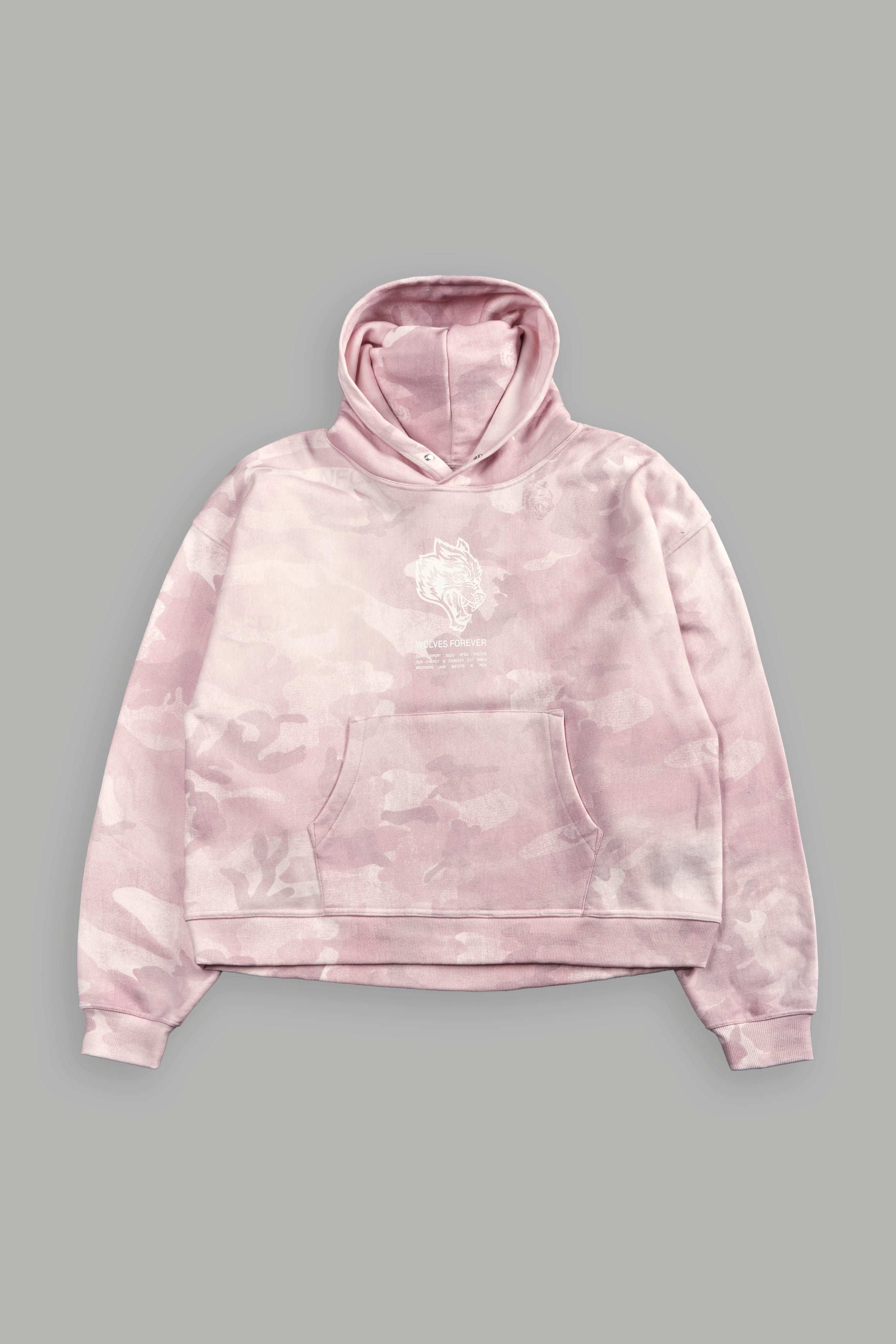 Wolves Have Your Back Unisex "Box Cut" Pierce Hoodie in Blush Vintage Woodland Camo