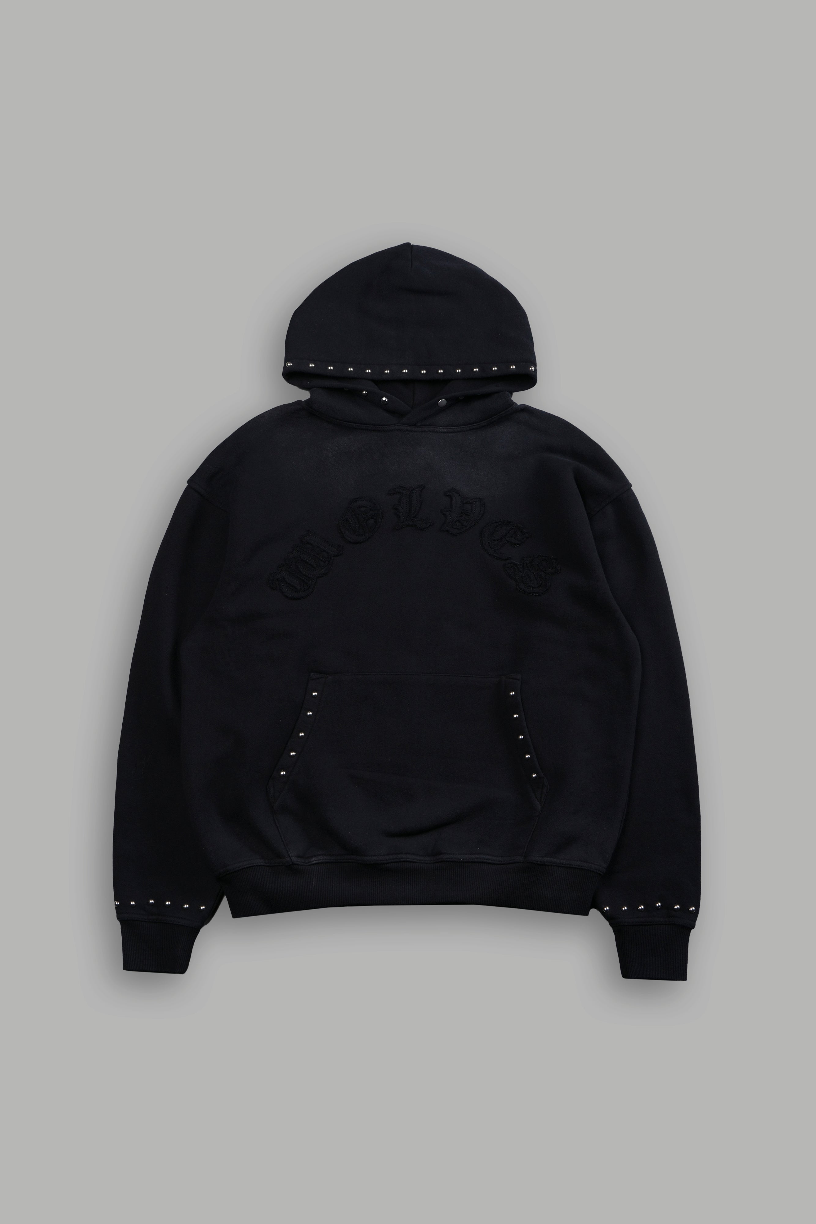 Studded Chopper Appliqué Pierce Hoodie in Black Drift Wash