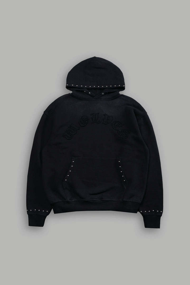 Studded Chopper Appliqué Pierce Hoodie in Black Drift Wash