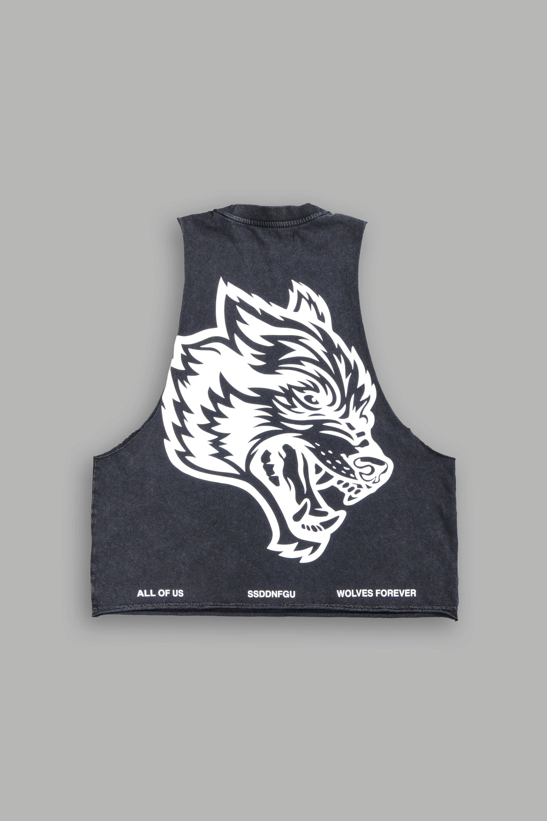Big Wolf Head Grunge Raw Hem Box Cut Tommy Muscle Tee In Black