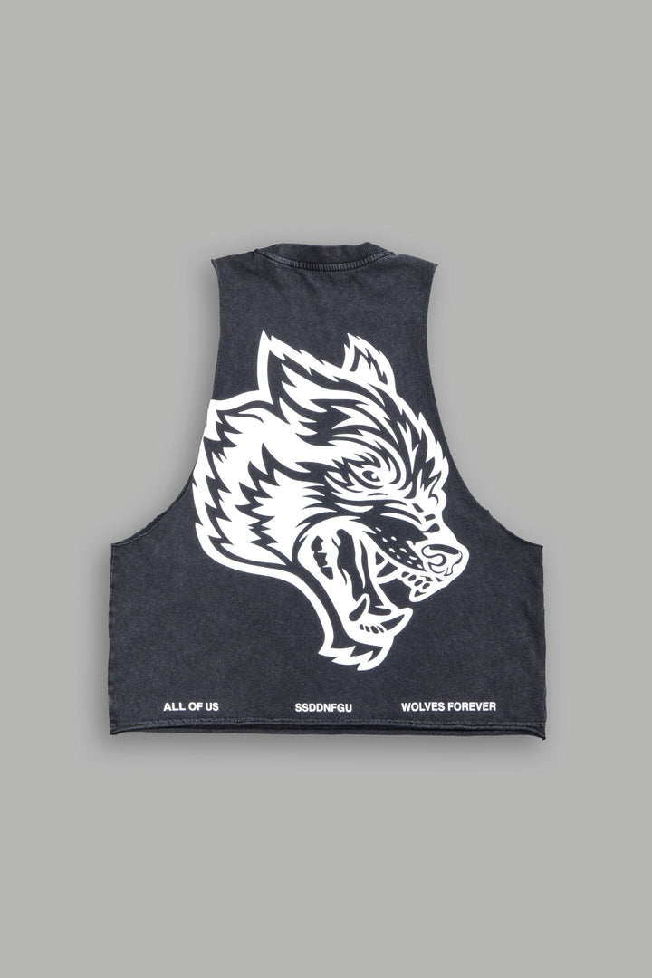 Big Wolf Head Grunge Raw Hem Box Cut Tommy Muscle Tee In Black