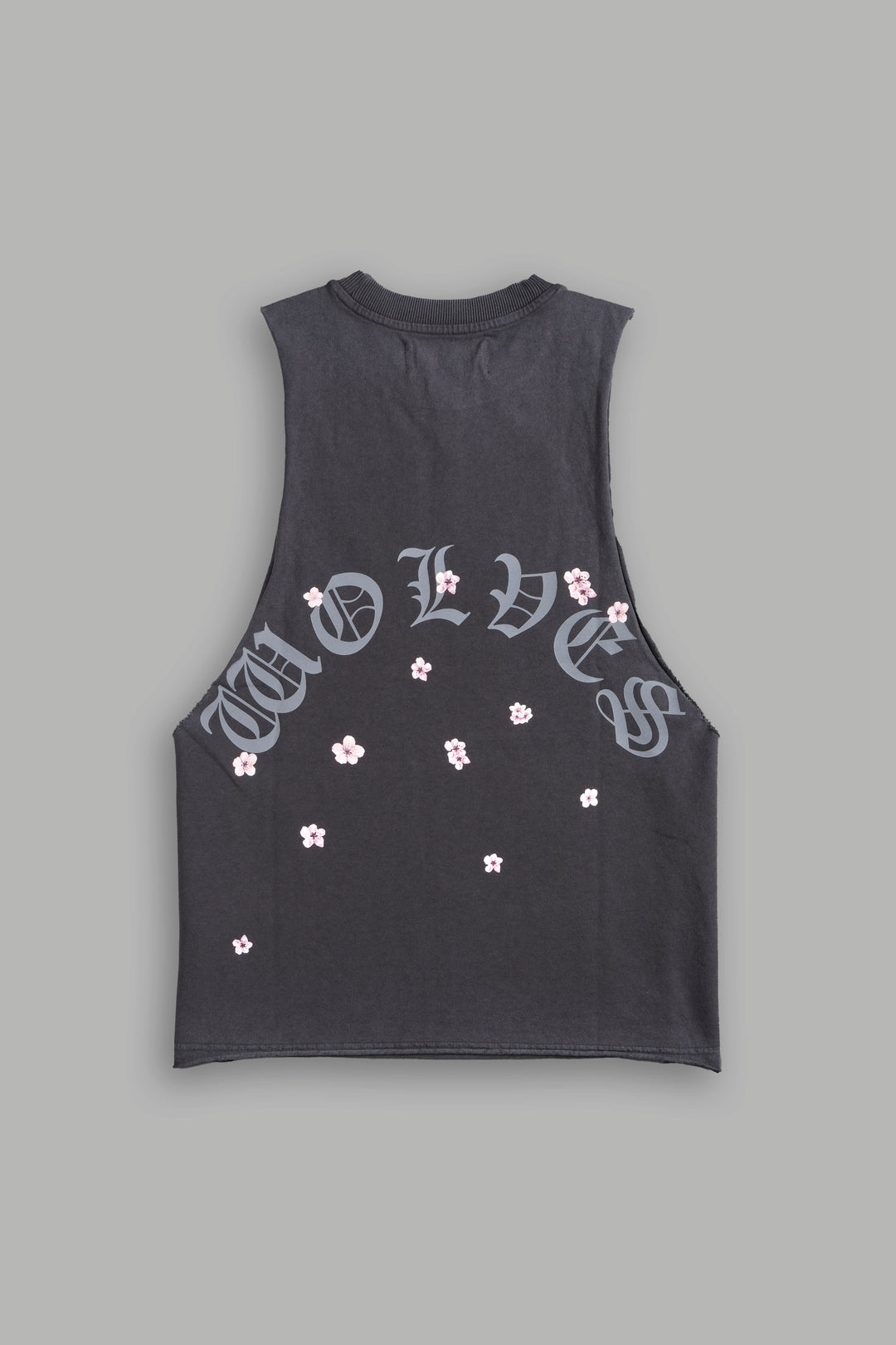 Blood Thirsty Kanji Grunge Raw Cropped "Tommy" Muscle Tee in Wolf Gray