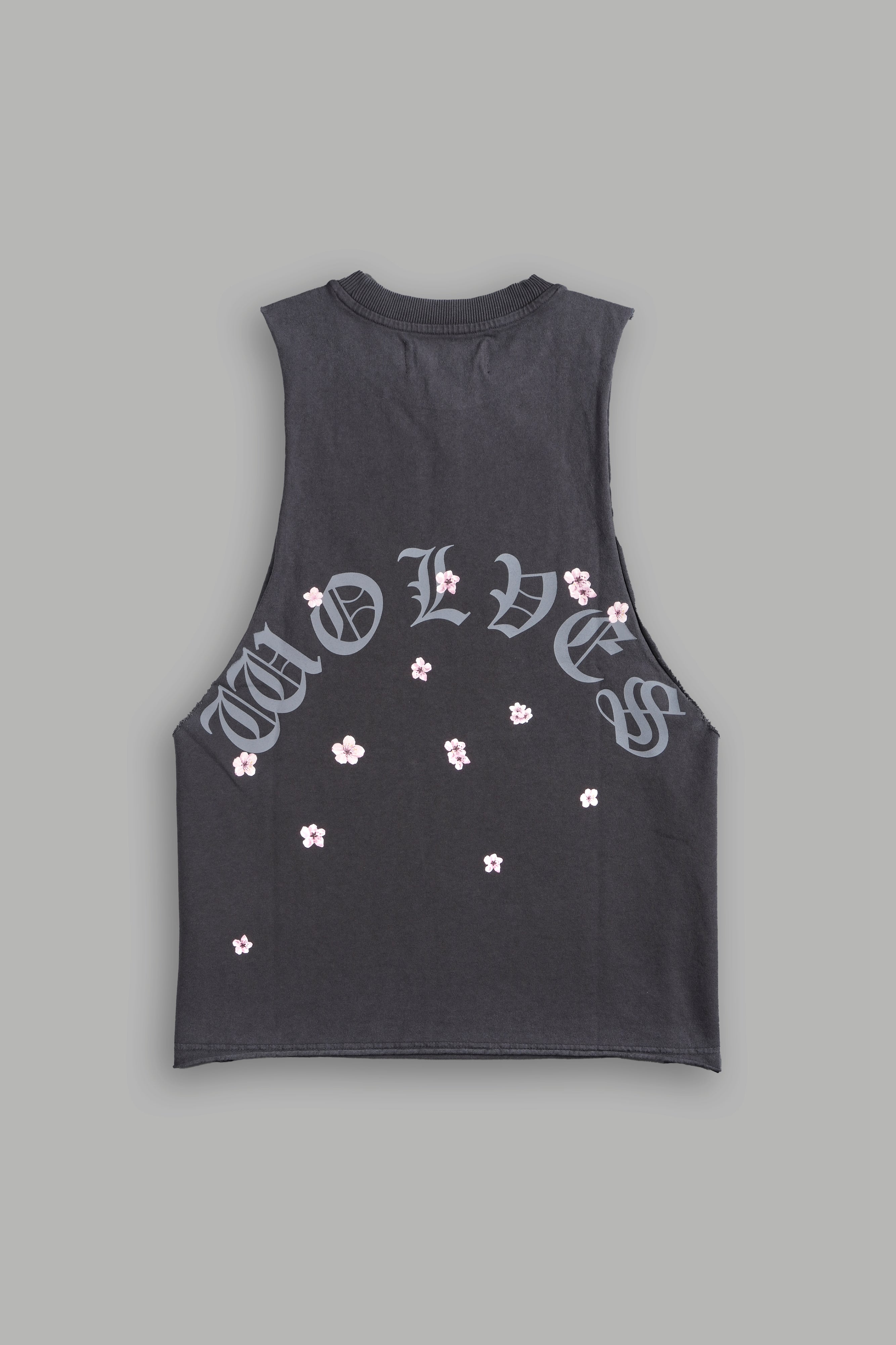 Blood Thirsty Kanji Grunge Raw Cropped "Tommy" Muscle Tee in Wolf Gray