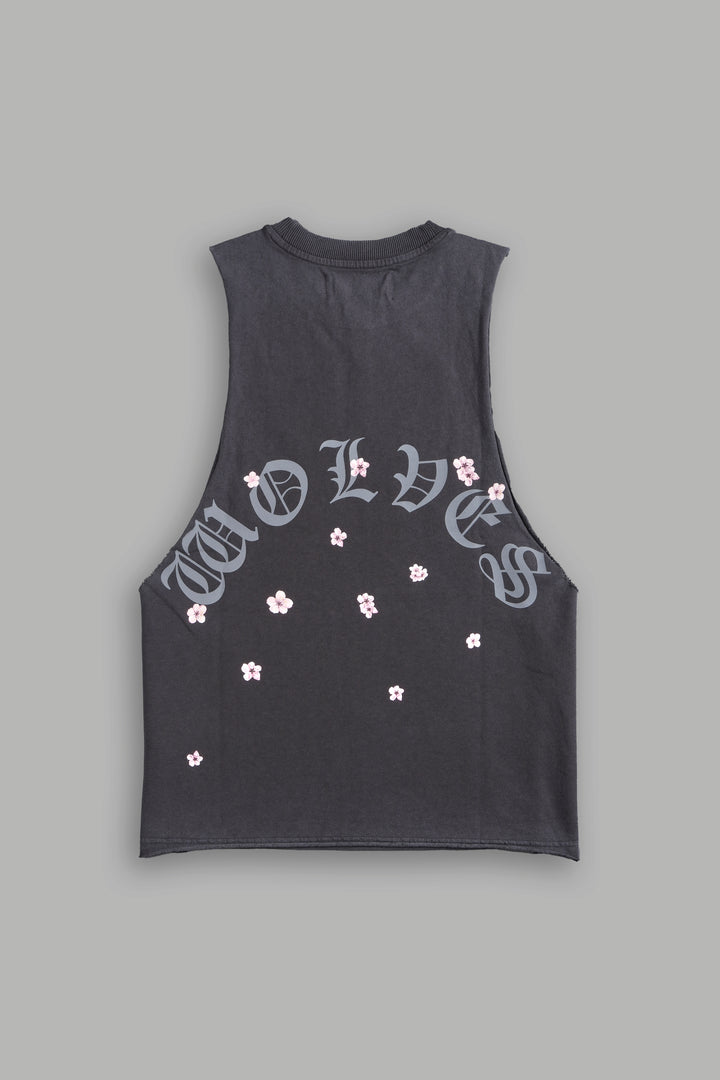 Blood Thirsty Kanji Grunge Raw Cropped "Tommy" Muscle Tee in Wolf Gray