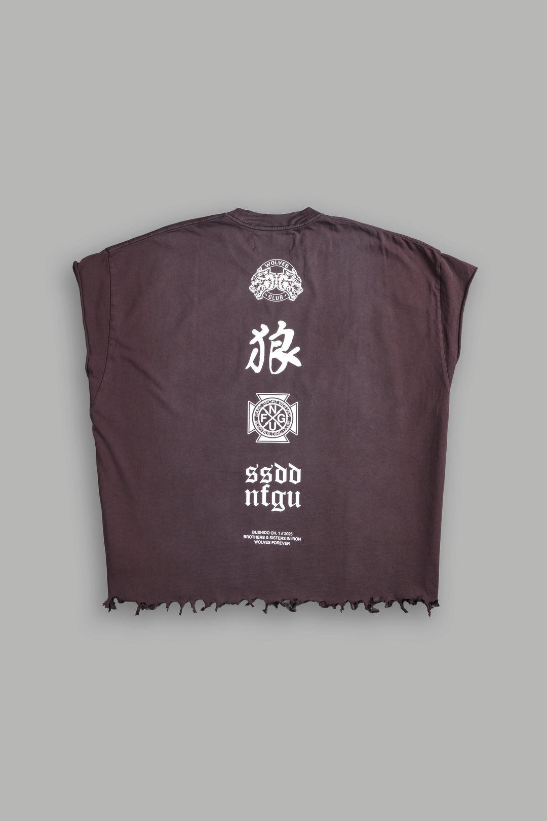 Wolves Flame Destroyed Grunge Cut-Off Tee in Darc Garnet Spine Sun Fade