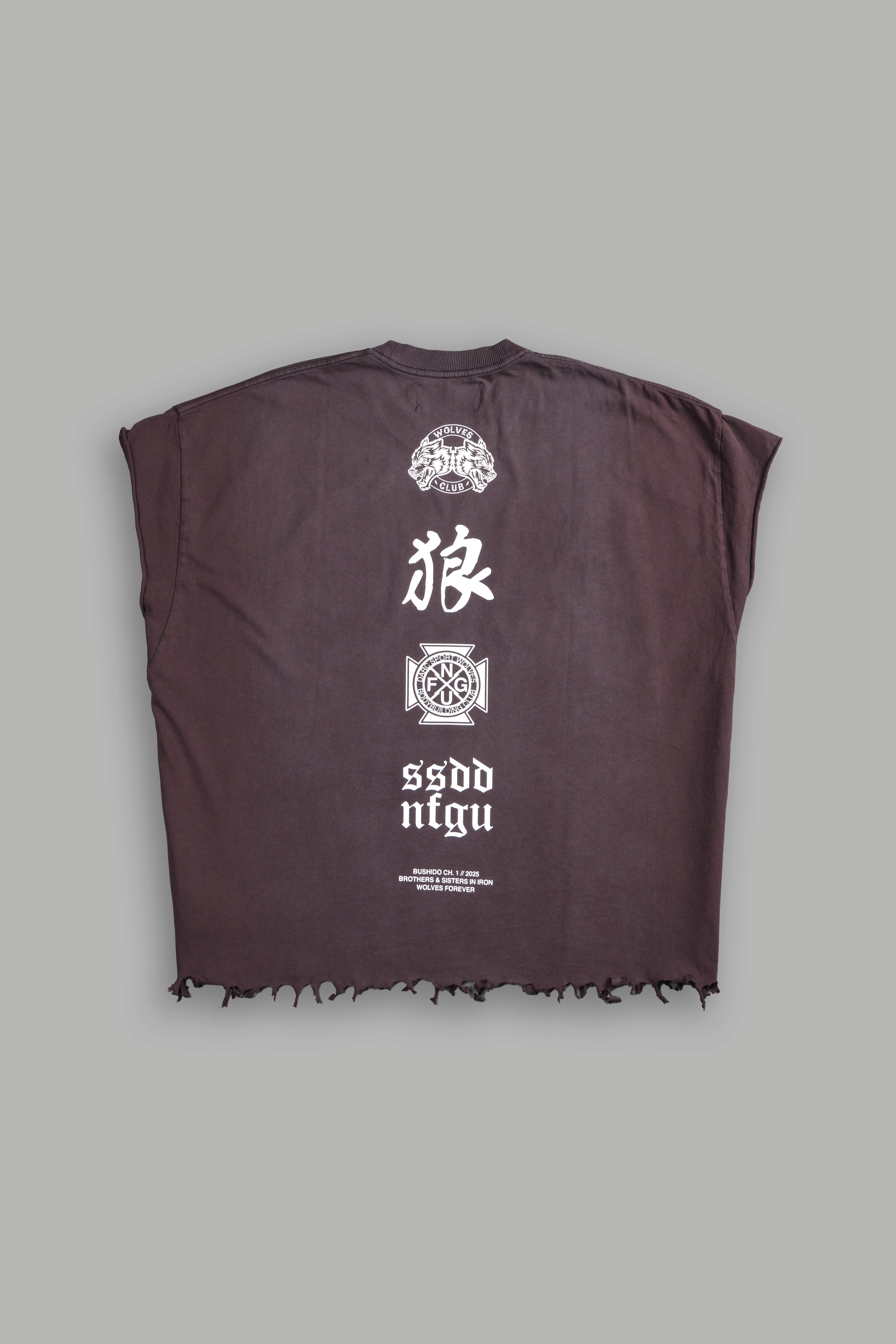 Wolves Flame Destroyed Grunge Cut-Off Tee in Darc Garnet Spine Sun Fade