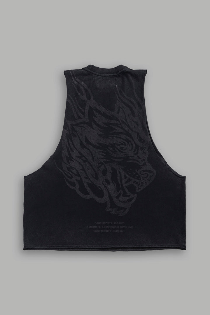 Okami Inferno Grunge Raw Hem Box Cut Tommy Muscle Tee in Black