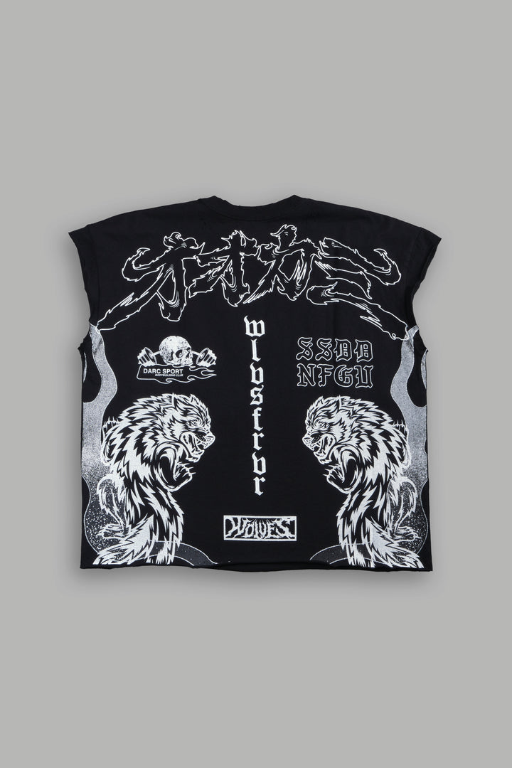 Our Code Distressed Grunge Cut Off Mid Length Raw Hem Tee in Black