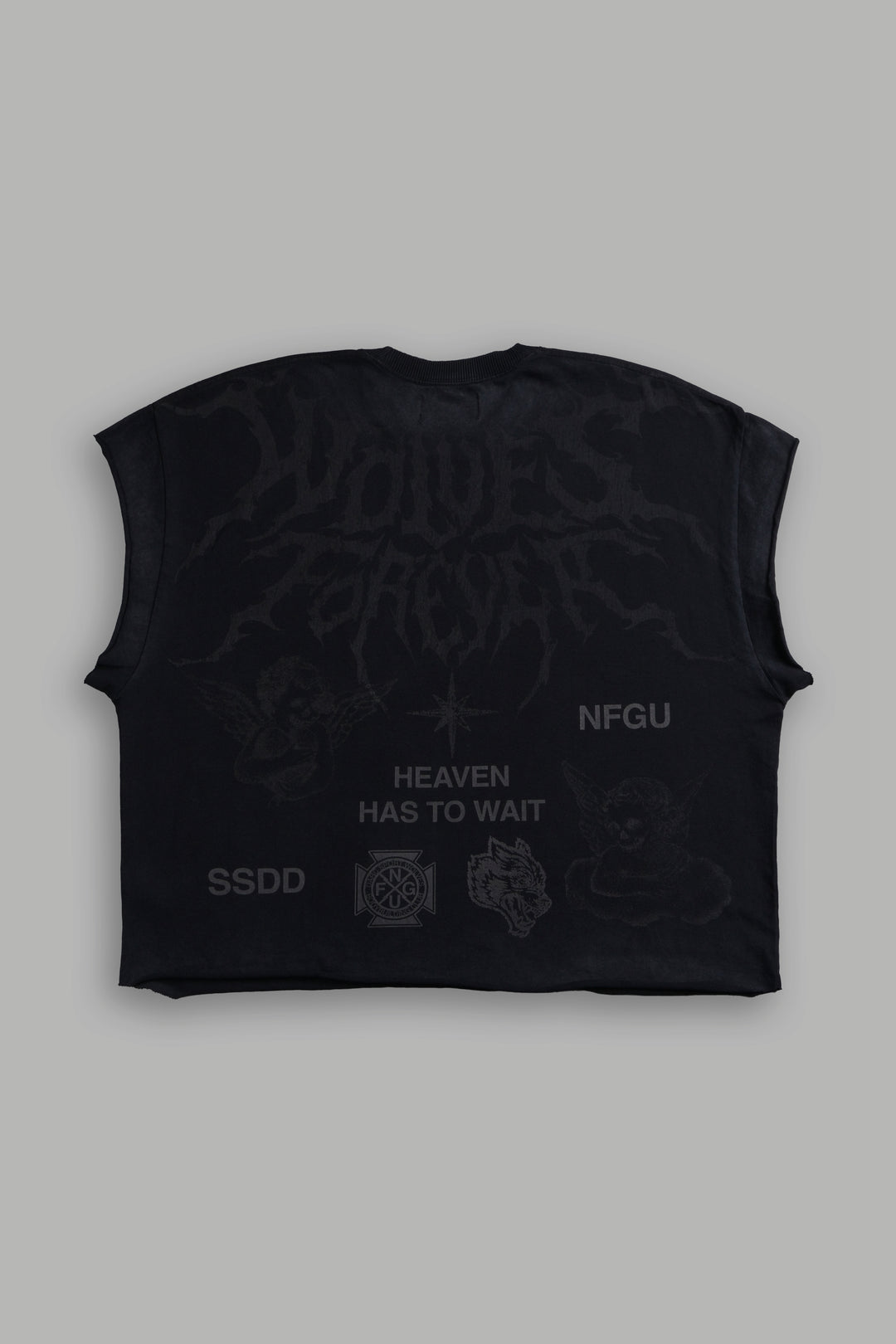 Sacred Flash Grunge Cut-Off Tee in Black Drift Wash