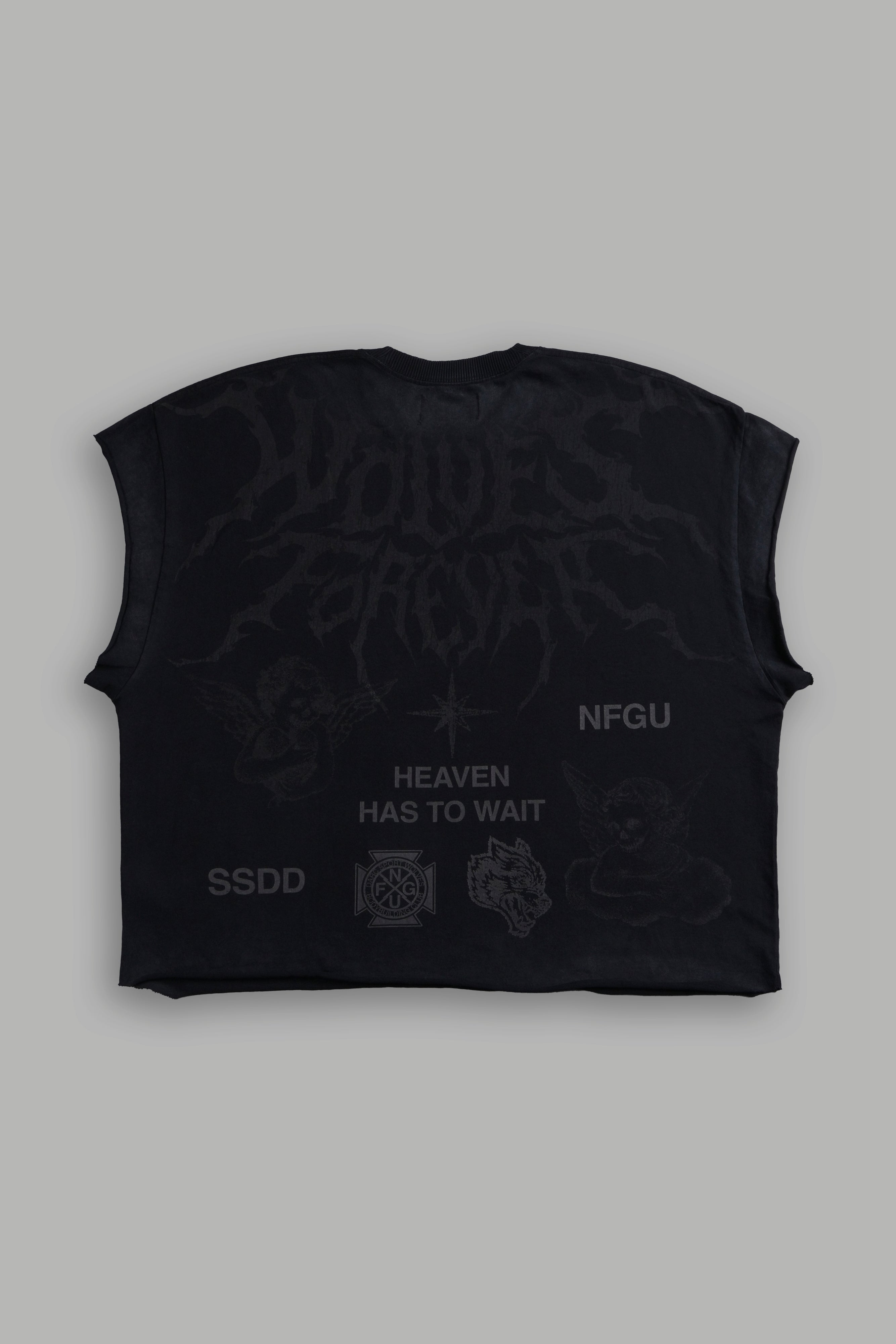 Sacred Flash Grunge Cut-Off Tee in Black Drift Wash