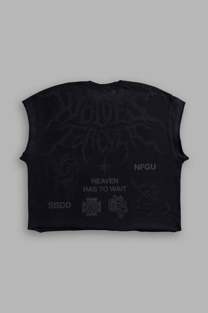 Sacred Flash Grunge Cut-Off Tee in Black Drift Wash