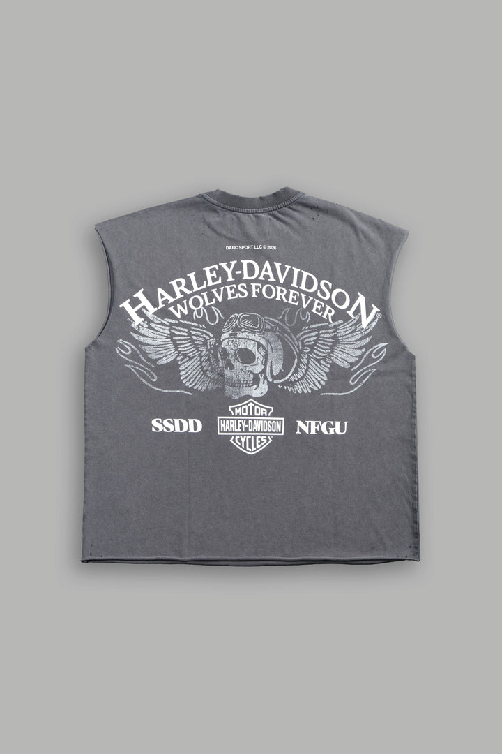 Live Free H-D Distressed Grunge Mid Length Raw Hem Muscle Tee in Slate Gray