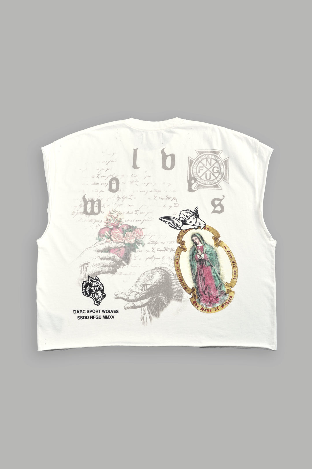 Holy Vow Distressed Grunge Cut-Off Mid-Length Raw Hem Tee in Cream