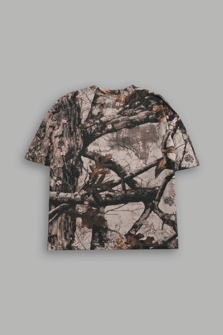 Our Wolf Forever Box Cut "Pump Cover" Tee in Cherry Blossom Woodland Camo