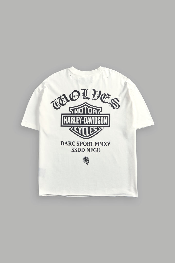 Harley-Davidson Wolves Distressed Grunge Mid-Length Raw Hem Tee in Cream