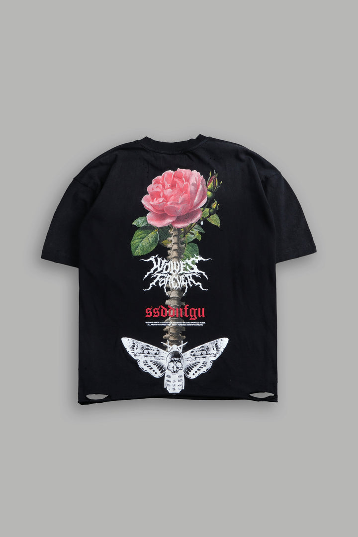 Mori Rose Distressed Grunge Tee in Black Drift Wash