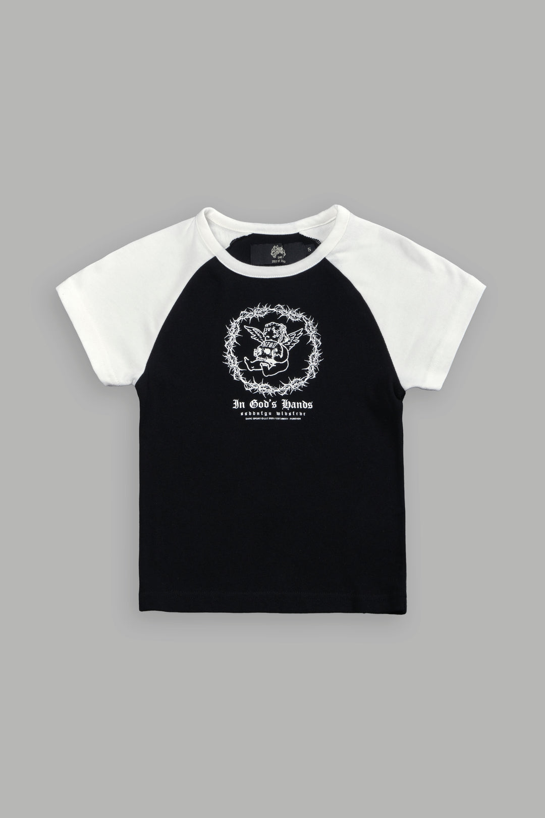 Cherub's Oath Lina Raglan "Baby" Tee in Black/Cream