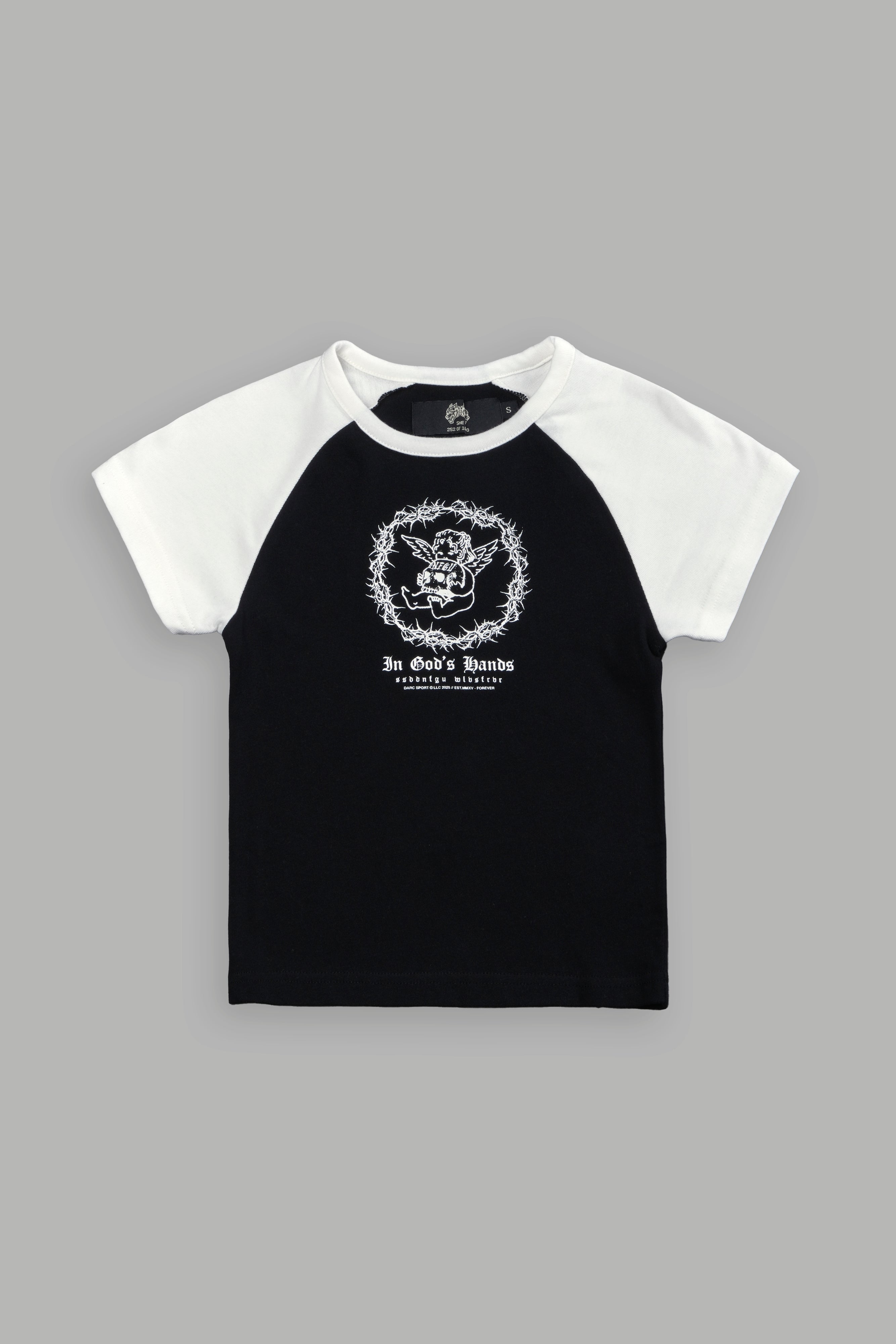 Cherub's Oath Lina Raglan "Baby" Tee in Black/Cream