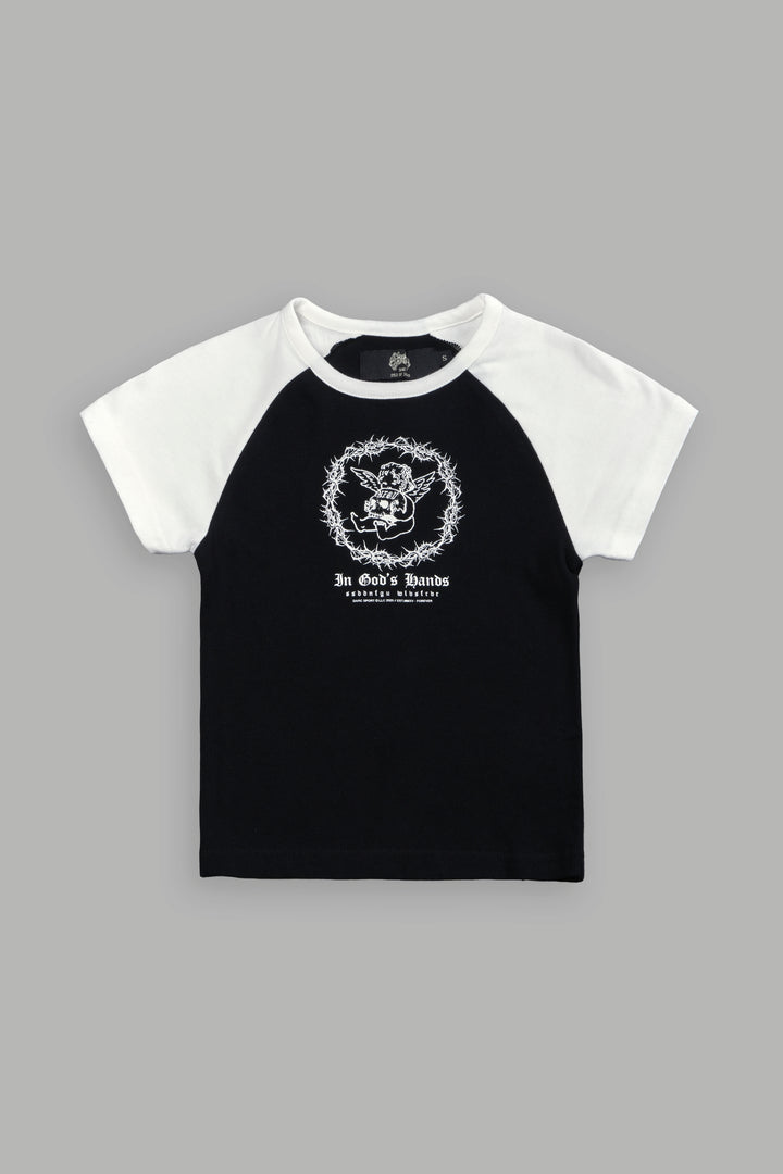 Cherub's Oath Lina Raglan "Baby" Tee in Black/Cream