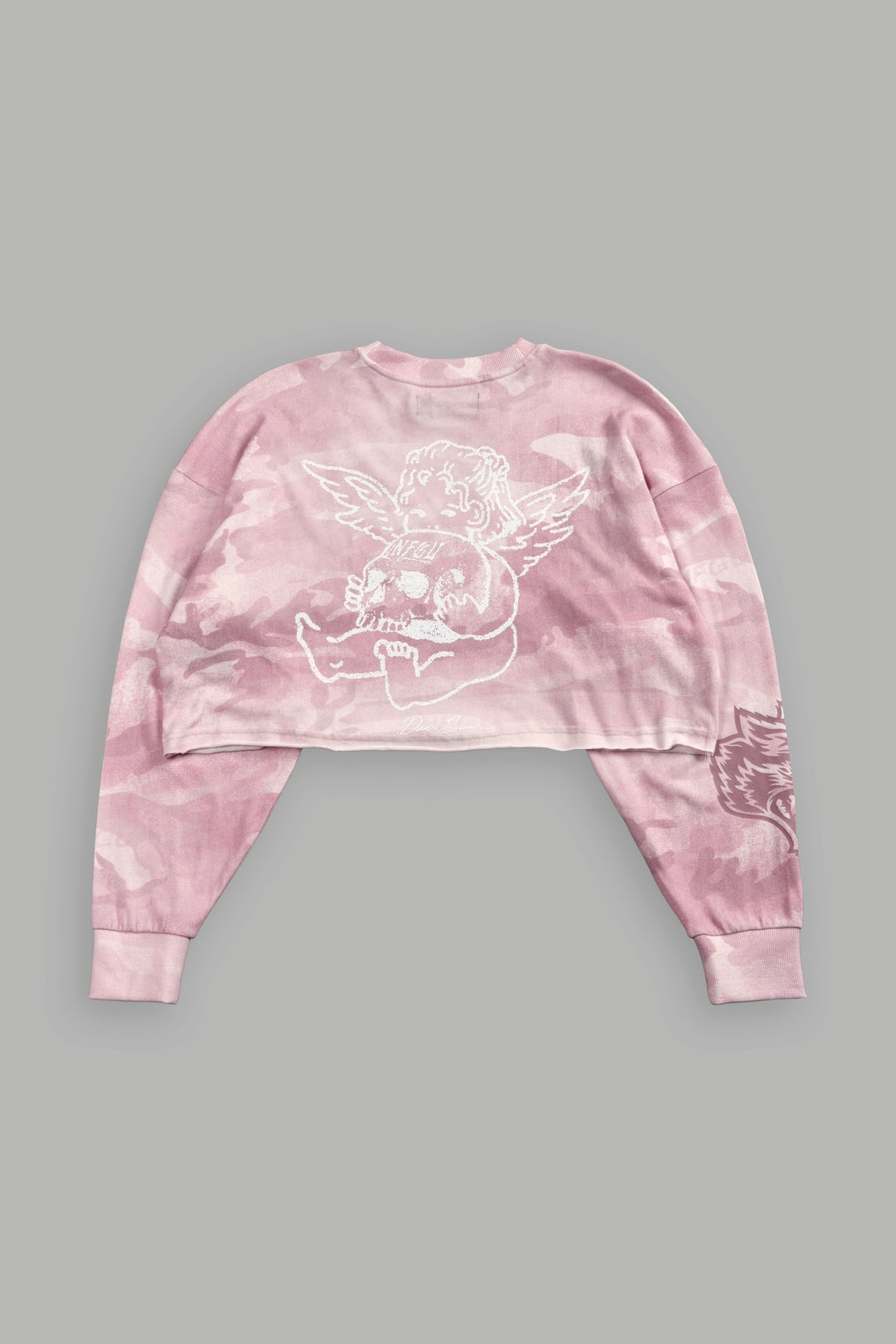 Cherub and the Skull "Premium" Oversized Cropped L/S Tee in Blush Vintage Woodland Camo