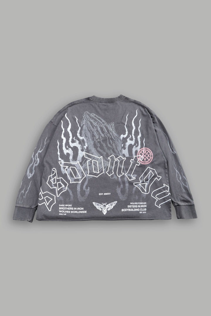 Our Sacrifice Grunge Mid Length Raw Hem LS Tee in Slate Gray
