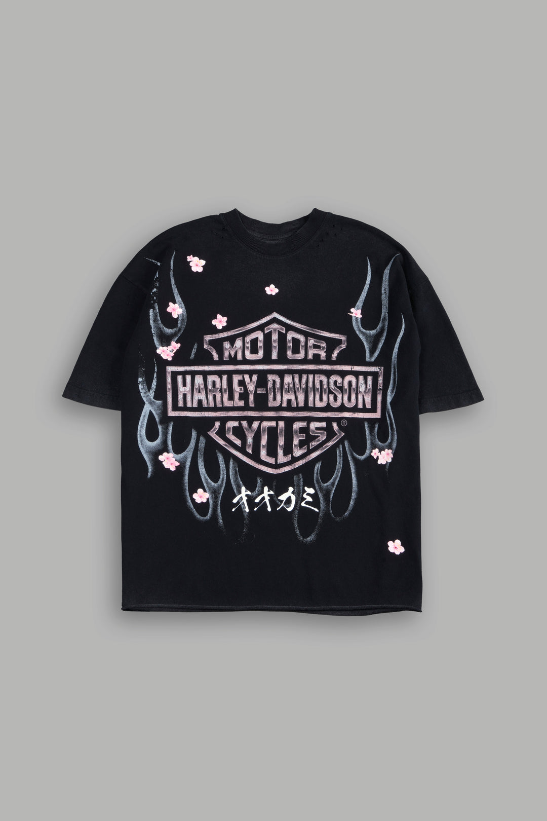 Darc Blossom Distressed Grunge Mid Length Raw Hem Tee in Washed Black