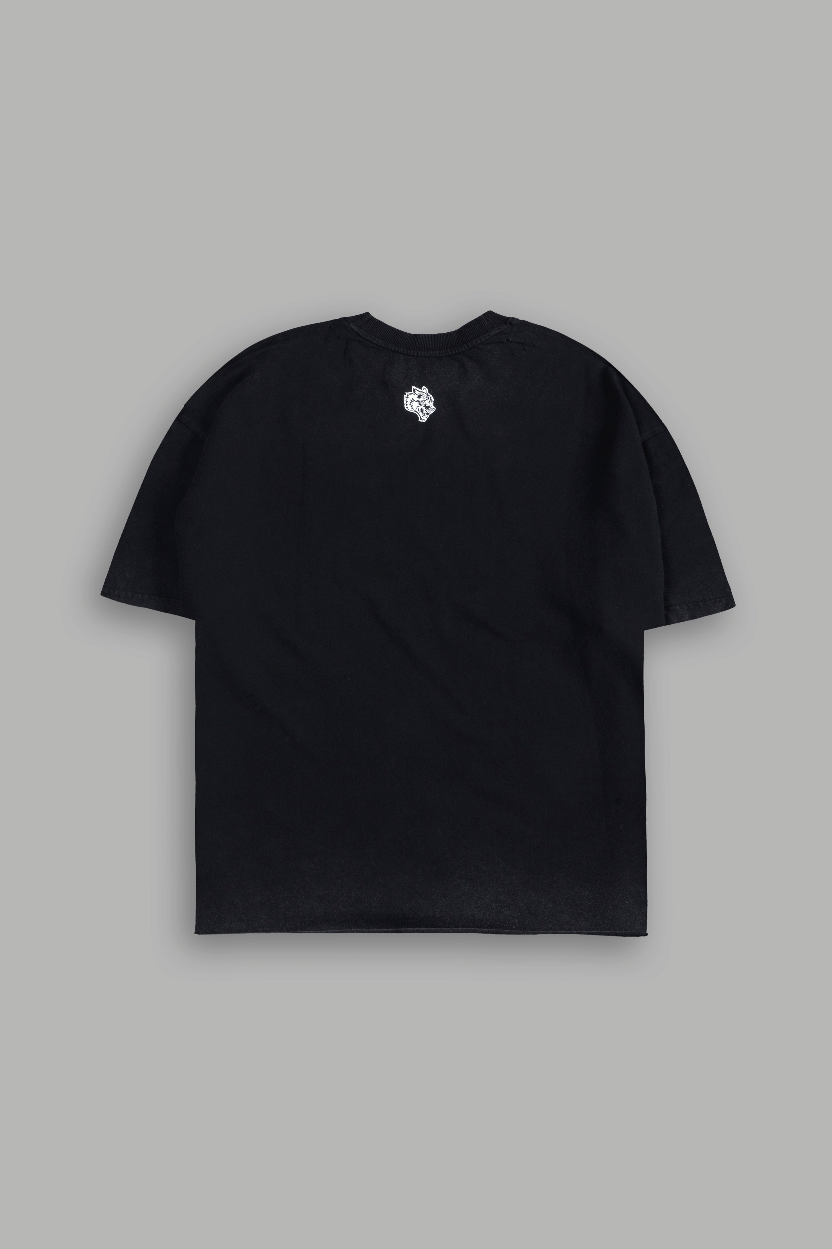 Darc Blossom Distressed Grunge Mid Length Raw Hem Tee in Washed Black