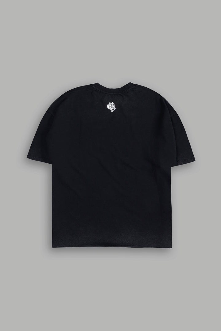 Darc Blossom Distressed Grunge Mid Length Raw Hem Tee in Washed Black