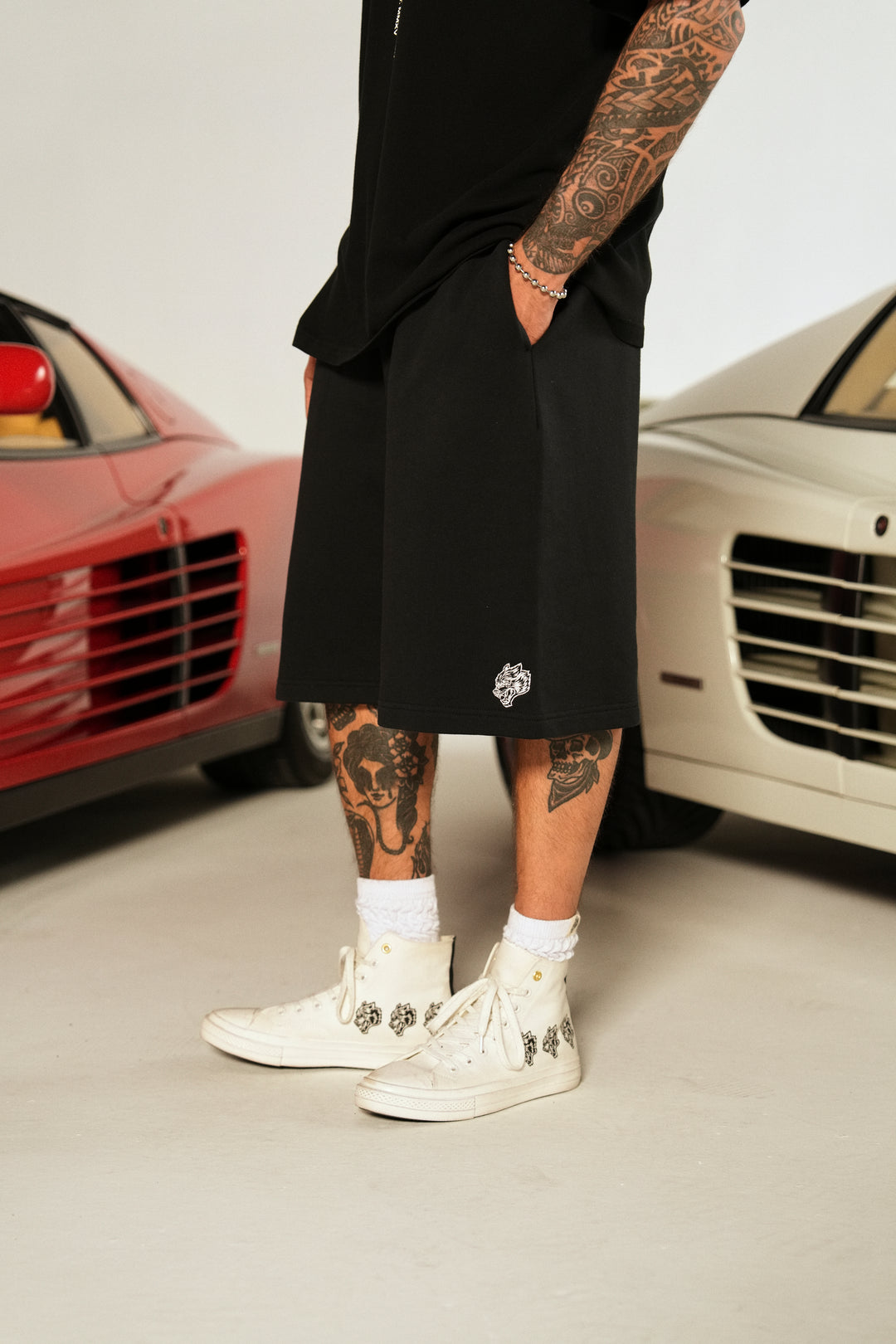 Dual Wolf Oversized Osiris Sweat Shorts in Black