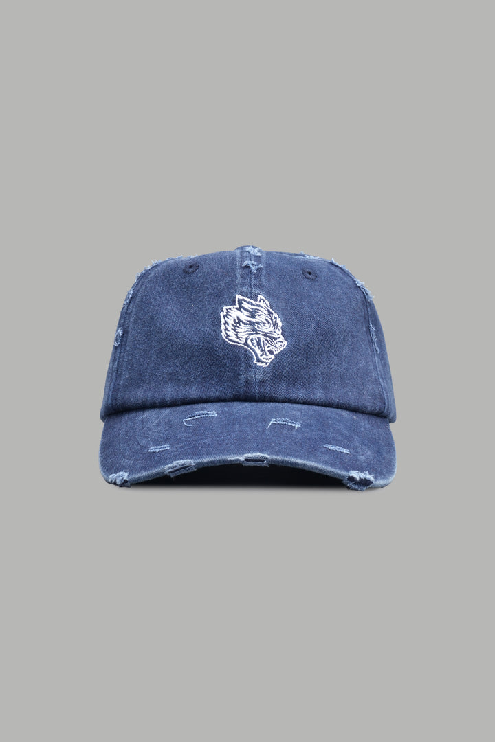 Wolf Head Distressed Dad Hat In Navy
