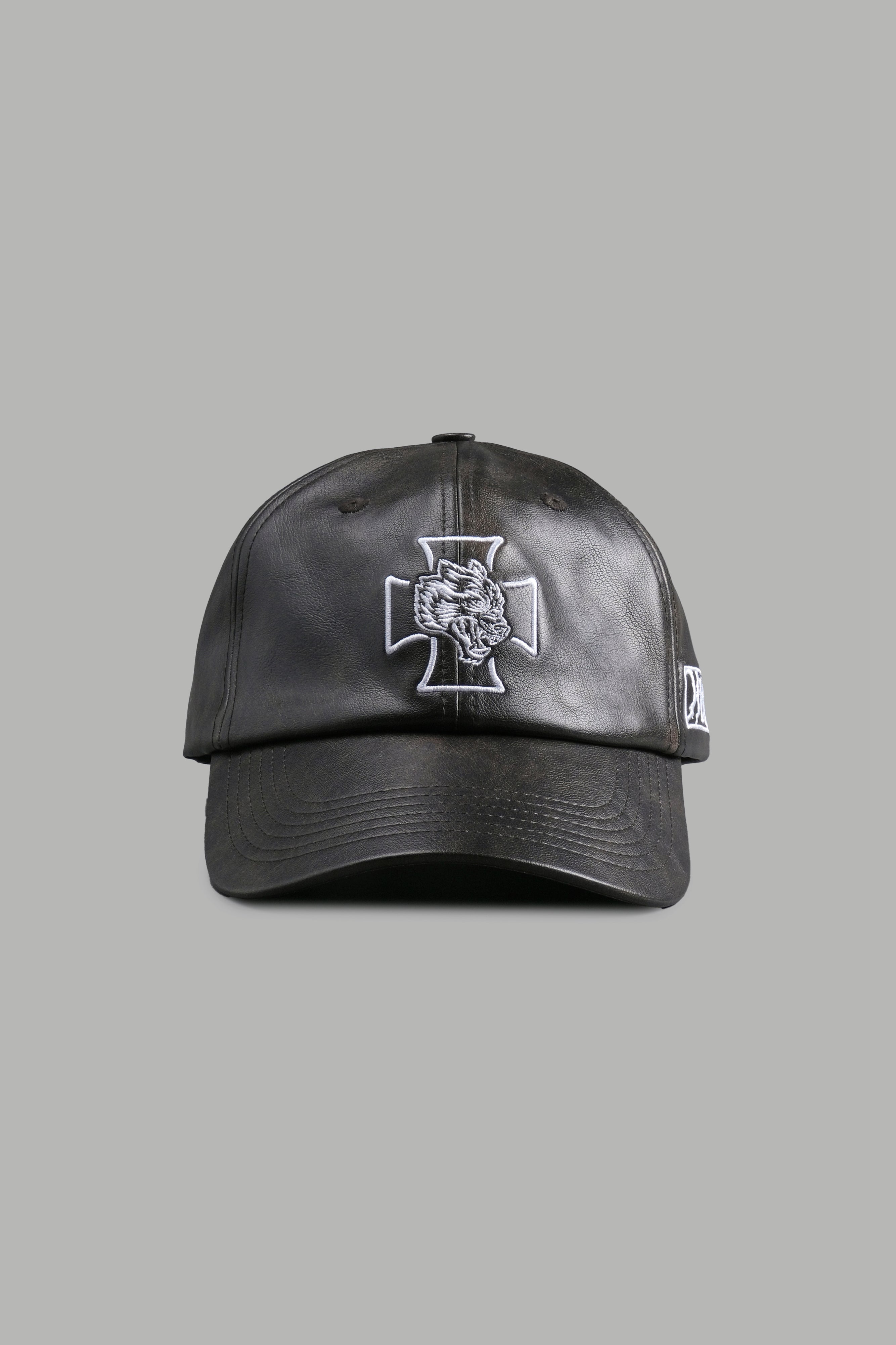 Iron Wolf Head Faux Leather Dad Hat in Black