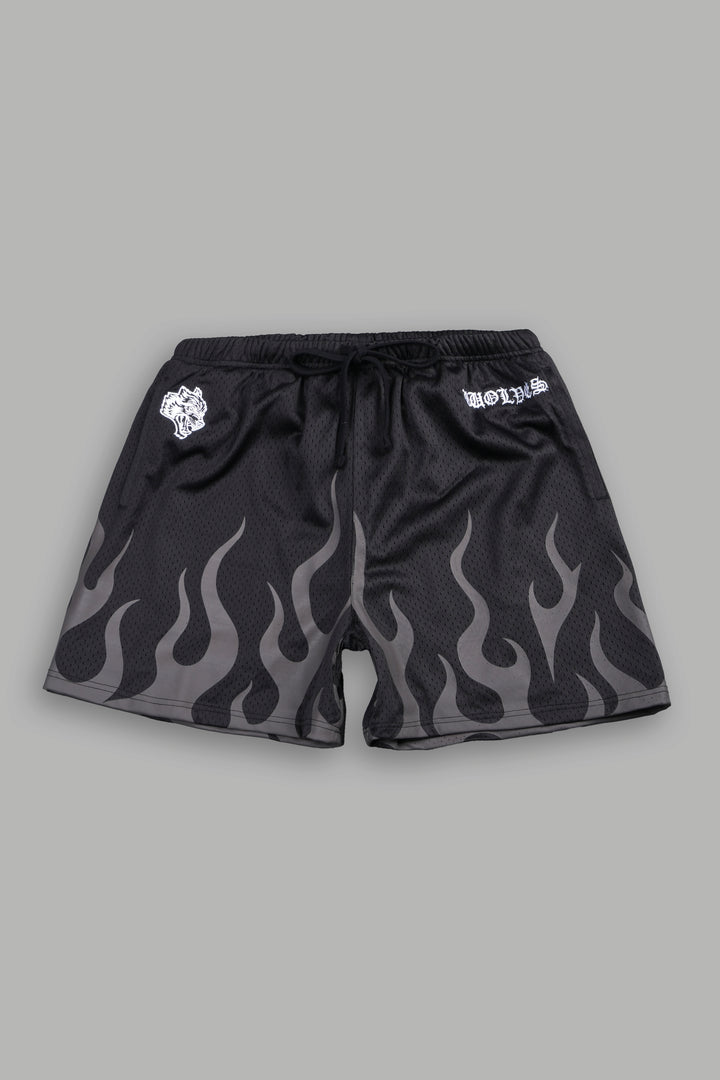 On Fire Applique Mesh Shorts In Black