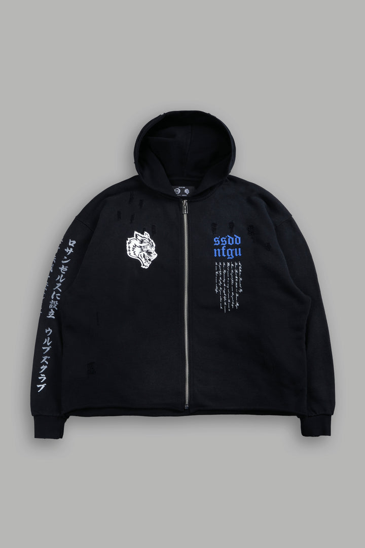 Relentless Distressed Grunge Mid Length Raw Hem Zip Hoodie in Black Sun Fade