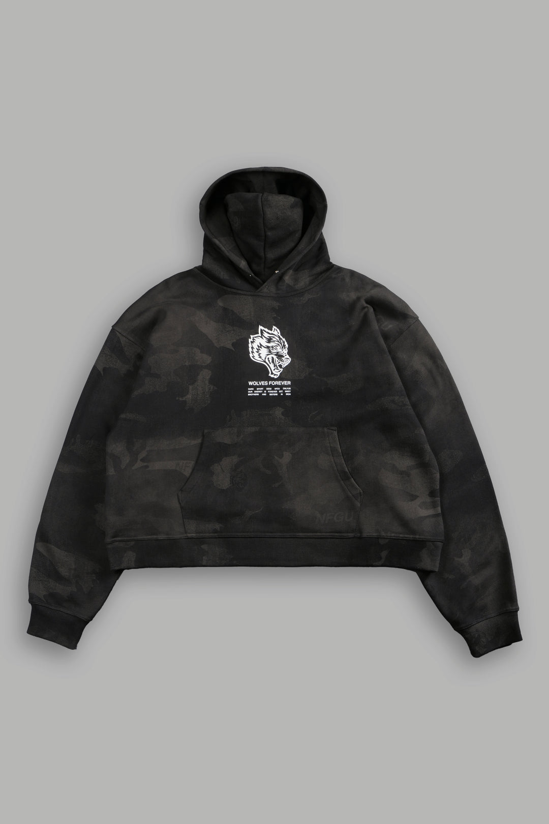 Wolves Have Your Back Unisex "Box Cut" Pierce Hoodie in Black Vintage Woodland Camo