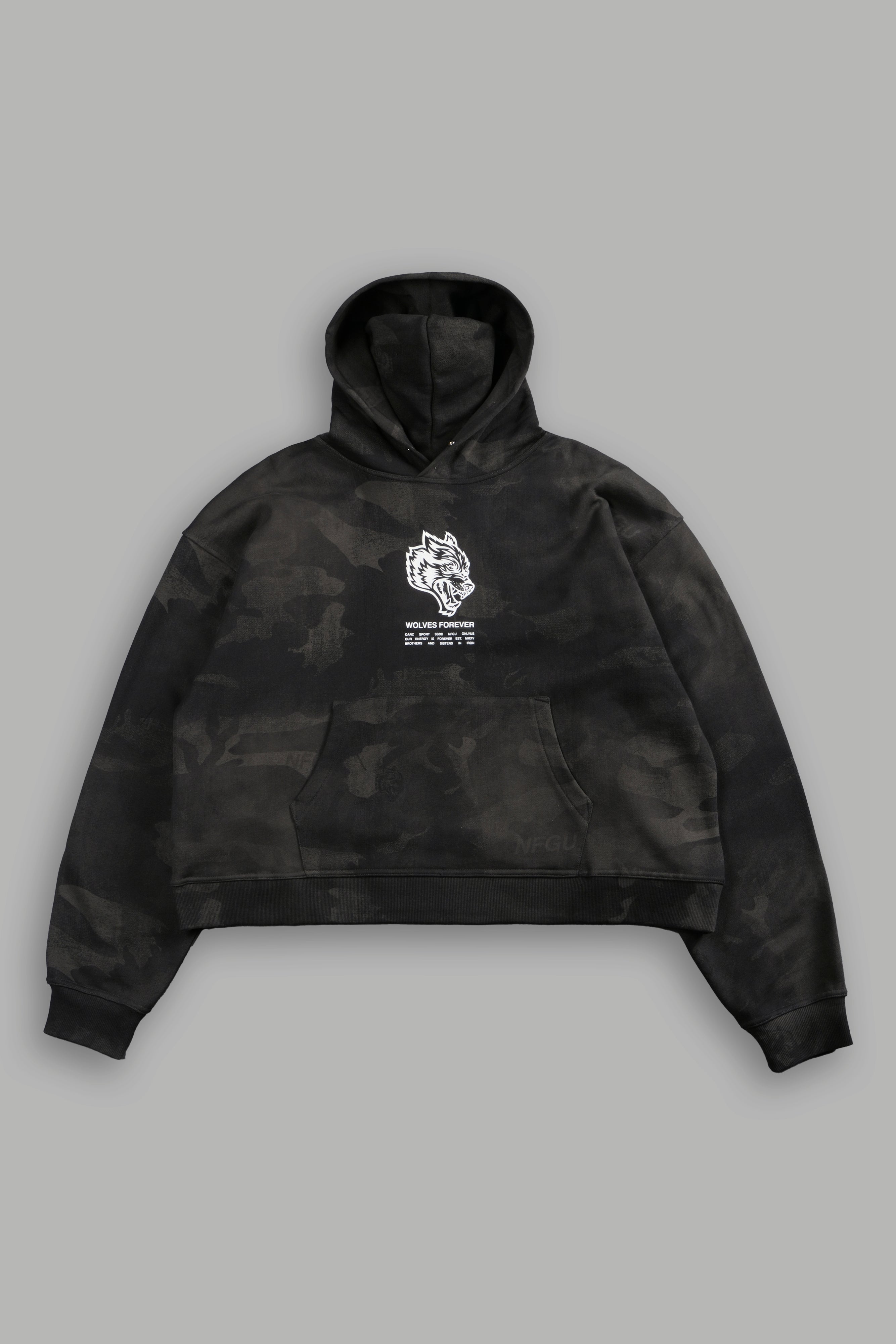 Wolves Have Your Back Unisex "Box Cut" Pierce Hoodie in Black Vintage Woodland Camo