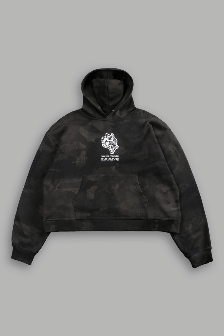 Wolves Have Your Back Unisex "Box Cut" Pierce Hoodie in Black Vintage Woodland Camo