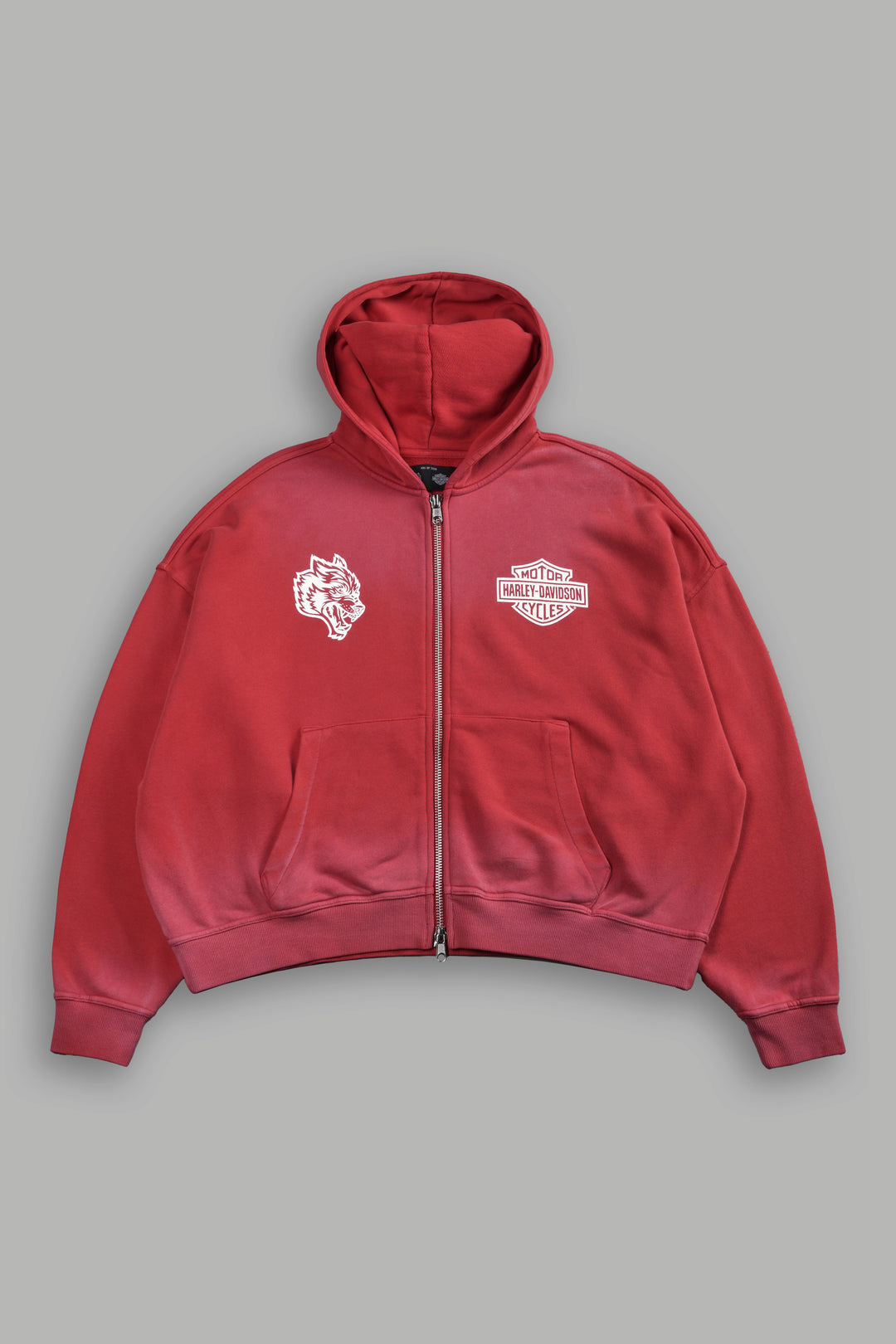 Harley-Davidson Wolves Vex Double Zip Hoodie in Roman Red Drift Wash